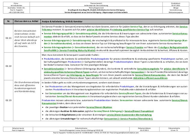 Firma
servicEvolution
Themenbereich
Leitkonzept der Servicialisierung
Druckdatum
03.07.2022
Bearbeiter, Telefon-Nr.
Paul G. Huppertz
+49-1520-9 84 59 62
Thema/Gegenstand
Grundlagen & Grundbegriffe, Modelle & Methoden der Service-Erbringung
Service-Management versus Service-Erbringung – Abgrenzungen und Unterschiede
Ablage
Servicialisierung
Diskussionspapiere
Dokumentautor
Paul G. Huppertz
Dokumentname
Service-Management versus Service-Erbringung V02.02.00
Dokumentdatum
03.07.2022
Dokumentseite
12 von 72
Paul G. Huppertz ▪ Schöne Aussicht 41 ▪ 65396 Walluf ▪ +49-61 23-74 04 16 ▪ Paul.G.Huppertz@servicEvolution.com
Nr. Zitat aus dem o.a. Artikel Analyse & Aufarbeitung, Kritik & Korrektur
02.21
Bei den innovativsten
Unternehmen im Be-
reich Service beläuft sich
dieser Wert allerdings
oft auf mehr als 50 %
des Gewinns.
Ein Service Provider (= Servuzent) erwirtschaftet nur dann Gewinn, wenn er für (je)den Service-Typ, den er zur Erbringung anbietet, das Service-
Trilemma meistert. Es spannt sich für jeden präzise identifizierten & eindeutig spezifizierten Service-Typ auf zwischen
• Service-Erbringungsqualität (= Servuktionsqualität), die die Erfordernisse & Erwartungen von adressierten bzw. autorisierten Service-Konsu-
menten abdeckt & erfüllt, so dass sie bei Bedarf jeweils einzelne Services dieses Typs abrufen
• Service-Erbringungspreis (= Servuktionspreis), der erschwinglich & profitabel ist für interessierte bzw. registrierte Service-(Erbringungs-)Kun-
den (= Servuktionskunden), so dass sie diesen Service-Typ zur Erbringung beauftragen für von ihnen autorisierte Service-Konsumenten
• Service-Erbringungskosten (= Servuktionskosten), die ein rechenschaftsfähiger Service Provider auf Basis des 5-stufigen Reifegradmodells
ServProMM (= Service Providing Maturity Model) strukturell & dauerhaft optimiert bezüglich Verlässlichkeit & Sicherheit, Effizienz & Kosten.
02.22
Die Grundvoraussetzung
dazu sind effizientes
Kundenmanagement
und Kundenbindung.
Man muss konsistent & konsequent auseinander halten:
• Produktkunden, die konkrete & verbindliche Produktangebote für präzise identifizierte & eindeutig spezifizierte Produkttypen suchen, um
bei haftungspflichtigen Produzenten (= Sachguthersteller) derartige Produktexemplare dieser Typen zu bestellen & zu erhalten, die sie dann
bei Bedarf einsetzen bzw. benutzen für ihre jeweiligen Belange
• Servuktionskunden (= Service/Dienst-(Erbringungs-)Kunden), die konkrete & verbindliche Servuktionsangebote für präzise identifizierte &
eindeutig spezifizierte Service/Dienst-Typen suchen, um bei rechenschaftspflichtigen Servuzenten (= Service Provider/Dienstleister) derartige
Service/Dienst-Typen zur Erbringung zu beauftragen für von ihnen jeweils autorisierte Service/Dienst-Konsumenten, die dann bei Bedarf
jeweils einzelne Services/Dienste dieser Typen abrufen können, um aktuell anstehende Aktivitäten effizient auszuführen.
02.23
In beiden Fällen geht es nicht um Kundenmanagement, sondern statt dessen
• bei Produzenten um das Management von Angeboten für erforderliche Produkttypen, die die Vorstellungen & Anforderungen von autori-
sierten Produktbesitzern in Verantwortungsbereichen von registrierten Produktkunden abdecken & erfüllen
• bei Servuzenten um das Management von Angeboten für erforderliche Service/Dienst-Typen, die die Erfordernisse & Erwartungen von au-
torisierten Service/Dienst-Konsumenten in Verantwortungsbereichen von registrierten Service/Dienst-Kunden abdecken & erfüllen.
Produzenten müssen adressierte bzw. autorisierte Produktbesitzer binden. Servuzenten müssen adressierte bzw. autorisierte Service/Dienst-
Konsumenten binden, denn diese sind
• die jeweiligen Besitzer von potenziellen Service/Dienst-Objekten
• die alleinzigen Auslöser & Adressaten jeglicher Service/Dienst-Erbringung (= Service/Dienst-Transaktion)
• die kritischen Erfolgsfaktoren jeder einzelnen & einmaligen service/dienst-basierenden Wertschöpfung
• die alleinzigen Umsatzbringer für rechenschaftspflichtige Servuzenten (= Service Provider/Dienstleister).
 