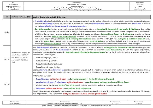 Firma
servicEvolution
Themenbereich
Leitkonzept der Servicialisierung
Druckdatum
03.07.2022
Bearbeiter, Telefon-Nr.
Paul G. Huppertz
+49-1520-9 84 59 62
Thema/Gegenstand
Grundlagen & Grundbegriffe, Modelle & Methoden der Service-Erbringung
Service-Management versus Service-Erbringung – Abgrenzungen und Unterschiede
Ablage
Servicialisierung
Diskussionspapiere
Dokumentautor
Paul G. Huppertz
Dokumentname
Service-Management versus Service-Erbringung V02.02.00
Dokumentdatum
03.07.2022
Dokumentseite
13 von 72
Paul G. Huppertz ▪ Schöne Aussicht 41 ▪ 65396 Walluf ▪ +49-61 23-74 04 16 ▪ Paul.G.Huppertz@servicEvolution.com
Nr. Zitat aus dem o.a. Artikel Analyse & Aufarbeitung, Kritik & Korrektur
02.24
Denn Kuden kaufen vor
allem dann, wenn sie
mit den zusätzlichen
Leistungen zufrieden
sind.
• Produktkunden kaufen bei haftungspflichtigen Produzenten einzelne oder mehrere Produktexemplare präzise identifizierter & eindeutig spe-
zifizierter Produkttypen nur dann, wenn die von ihnen autorisierten Produktbesitzer jeweils zufrieden sind mit deren Funktionen sowie mit
deren Beschaffenheits-, Ausstattungs- & Leistungsmerkmalen.
• Servuktionskunden kaufen keine Services, denn jeglicher Service ist per se intangibel & immateriell, substanzlos & flüchtig, so dass nichts
vorhanden ist, was sie käuflich erwerben & in ihr Eigentum übernehmen bzw. besitzen könnten. Stattdessen beauftragen sie bei rechenschafts-
pflichtigen Servuzenten nur dann präzise identifizierte & eindeutig spezifizierte Service/Dienst-Typen zur Erbringung, wenn die von ihnen
jeweils autorisierten Service/Dienst-Konsumenten zufrieden gestellt werden. Diese sind nur dann zufrieden, wenn jedem von ihnen jeder von
ihm explizit abgerufene, jeweils einzelne & einmalige Service/Dienst eines für ihn beauftragten Typs verzugslos & verlässlich erbracht wird,
indem der Zustand des von ihm beim Service-Abruf übergebenen Service-Objekts im Verlauf der dadurch ausgelösten, jeweils einzelnen &
einmaligen Service-Transaktion vollständig & abschließend geändert wird gemäß seinen aktuellen Erfordernissen & Erwartungen.
02.25
Für Produkteigentümer geht es nicht um „zusätzliche Leistungen“. In ihren Rollen als auftraggebende Servuktionskunden wollen sie gewähr-
leistet wissen, dass jedem Produktbesitzer in seiner Rolle als von ihnen autorisierter Service-Konsument jeder von ihm explizit abgerufene,
jeweils einzelne & einmalige Service der Kategorie ‚produkt(exemplar)bezogener Service‘ verzugslos & verlässlich erbracht wird, z.B. abgerufene
Services der Service-Typen
• Produktreinigungs-Service
• Produktwartungs-Service
• Produktinstandhaltungs-Service
• Produktreparierungs-Service.
Jegliche Leistung, z.B. Arbeitsleistung oder technische Leistung, die auf- & eingebracht wird, um einen explizit abgerufenen, jeweils einzelnen &
einmaligen Service eines derartigen oder eines anderen Service-Typs zu erbringen, ist grundverschieden von dem dadurch erbrachten Service.
02.26
Offensichtlich werden
• Produktkunden nicht unterschieden von Servuktionskunden (= Service-(Erbringungs-)Kunden)
• zum Kauf angebotene Produkttypen nicht unterschieden von zur Erbringung angebotenen Service/Dienst-Typen
• zur Erbringung angebotene Service/Dienst-Typen nicht präzise identifiziert und nicht eindeutig spezifiziert
• Leistungen nicht unterschieden von erbrachten Services/Diensten
Somit können rechenschaftspflichtige Servuzenten die verzugslose & verlässliche, sichere & geschützte sowie rationelle & rentable Erbringung
von abgerufenen Services/Diensten nicht gezielt gestalten & nicht effizient gewährleisten.
 