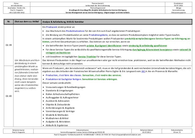 Firma
servicEvolution
Themenbereich
Leitkonzept der Servicialisierung
Druckdatum
03.07.2022
Bearbeiter, Telefon-Nr.
Paul G. Huppertz
+49-1520-9 84 59 62
Thema/Gegenstand
Grundlagen & Grundbegriffe, Modelle & Methoden der Service-Erbringung
Service-Management versus Service-Erbringung – Abgrenzungen und Unterschiede
Ablage
Servicialisierung
Diskussionspapiere
Dokumentautor
Paul G. Huppertz
Dokumentname
Service-Management versus Service-Erbringung V02.02.00
Dokumentdatum
03.07.2022
Dokumentseite
19 von 72
Paul G. Huppertz ▪ Schöne Aussicht 41 ▪ 65396 Walluf ▪ +49-61 23-74 04 16 ▪ Paul.G.Huppertz@servicEvolution.com
Nr. Zitat aus dem o.a. Artikel Analyse & Aufarbeitung, Kritik & Korrektur
02.39
Um Wachstum und Kun-
denbindung in einem
umkämpften Markt zu
gewährleisten, realisie-
ren führende Unterneh-
men immer mehr den
Drang, ihren Servicebe-
reich sowie beispiels-
weise das Ersatzteilma-
nagement zu verbes-
sern.
Ein Produzent strebt primär an
• das Wachstum des Produktumsatzes für die von ihm zum Kauf angebotenen Produkttypen
• die Bindung von Produktkunden an seine Produktangebote, so dass sie weitere Produktexemplare möglichst vieler Typen kaufen.
In einem umkämpften Markt für bestimmte Produkttypen wollen Produzenten produkt(exemplar)bezogene Service-Typen zur Erbringung an-
bieten, um ihren Gesamtumsatz zu erhöhen. Das können sie nur erreichen, wenn sie
• die betreffenden Service-Typen jeweils präzise & prägnant identifizieren sowie eindeutig & vollständig spezifizieren
• für diese Service-Typen die verlässliche & spezifikationsgemäße Service-Erbringung durchgängig & konsistent konzipieren sowie rationell &
stringent orchestrieren
• sich bewähren im tagtäglichen Service-Triathlon für diese Service-Typen.
Das können Produzenten in der Regel nur unvollkommen oder gar nicht erreichen bzw. praktizieren, weil sie die betreffenden Methoden nicht
kennen & demzufolge nicht anwenden.
02.40
Wenn ein Produzent „den Servicebereich verbessern“ will, muss er die tief gründenden & weit reichenden Unterschiede berücksichtigen, die sich
ergeben aus den Arbeiten der französischen Wissenschaftler Pierre Eiglier & Eric Langeard vom IAE in Aix-en-Provence & Marseille:
• Production, c’est faire des choses. Servuction, c’est rendre des services.
• Produktion ist Sachgüter fertigen. Servuktion ist Services erbringen.
Dieser Leitsatz verdeutlicht:
• Voraussetzungen & Randbedingungen
• Standorte & Umgebungen
• Rollen & Rechenschaftspflichten
• Auftraggeber & Auftragnehmer
• Auslöser & Adressaten
• Objekte & Zielzustände
• Anforderungen & Angebote
• Vereinbarungen & Verträge
• Modelle & Methoden
• Maßnahmen & Mittel
• Aufgaben & Aktivitäten
• Abläufe & Ergebnisse
 