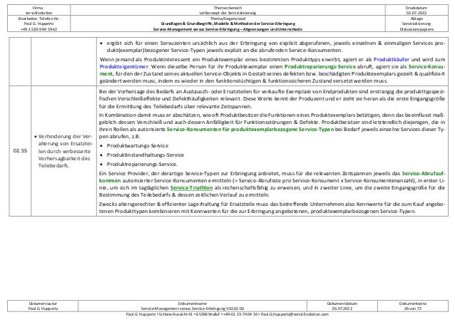 Firma
servicEvolution
Themenbereich
Leitkonzept der Servicialisierung
Druckdatum
03.07.2022
Bearbeiter, Telefon-Nr.
Paul G. Huppertz
+49-1520-9 84 59 62
Thema/Gegenstand
Grundlagen & Grundbegriffe, Modelle & Methoden der Service-Erbringung
Service-Management versus Service-Erbringung – Abgrenzungen und Unterschiede
Ablage
Servicialisierung
Diskussionspapiere
Dokumentautor
Paul G. Huppertz
Dokumentname
Service-Management versus Service-Erbringung V02.02.00
Dokumentdatum
03.07.2022
Dokumentseite
26 von 72
Paul G. Huppertz ▪ Schöne Aussicht 41 ▪ 65396 Walluf ▪ +49-61 23-74 04 16 ▪ Paul.G.Huppertz@servicEvolution.com
• ergibt sich für einen Servuzenten ursächlich aus der Erbringung von explizit abgerufenen, jeweils einzelnen & einmaligen Services pro-
dukt(exemplar)bezogener Service-Typen jeweils explizit an die abrufenden Service-Konsumenten.
Wenn jemand als Produktinteressent ein Produktexemplar eines bestimmten Produkttyps erwirbt, agiert er als Produktkäufer und wird zum
Produkteigentümer. Wenn dieselbe Person für ihr Produktexemplar einen Produktreparierungs-Service abruft, agiert sie als Service-Konsu-
ment, für den der Zustand seines aktuellen Service-Objekts in Gestalt seines defekten bzw. beschädigten Produktexemplars gezielt & qualifiziert
geändert werden muss, indem es wieder in den funktionstüchtigen & funktionssicheren Zustand versetzt werden muss.
02.55
• Verhinderung der Ver-
alterung von Ersatztei-
len durch verbesserte
Vorhersagbarkeit des
Teilebedarfs.
Bei der Vorhersage des Bedarfs an Austausch- oder Ersatzteilen für verkaufte Exemplare von Endprodukten sind erstrangig die produkttypspezi-
fischen Verschleißeffekte und Defekthäufigkeiten relevant. Diese Werte kennt der Produzent und er zieht sie heran als die erste Eingangsgröße
für die Ermittlung des Teilebedarfs über relevante Zeitspannen.
In Kombination damit muss er abschätzen, wie oft Produktbesitzer die Funktionen eines Produktexemplars betätigen, denn das beeinflusst maß-
geblich dessen Verschleiß und auch dessen Anfälligkeit für Funktionsstörungen & Defekte. Produktbesitzer sind letztendlich diejenigen, die in
ihren Rollen als autorisierte Service-Konsumenten für produktexemplarbezogene Service-Typen bei Bedarf jeweils einzelne Services dieser Ty-
pen abrufen, z.B.
• Produktwartungs-Service
• Produktinstandhaltungs-Service
• Produktreparierungs-Service.
Ein Service Provider, der derartige Service-Typen zur Erbringung anbietet, muss für die relevanten Zeitspannen jeweils das Service-Abrufauf-
kommen autorisierter Service-Konsumenten ermitteln (= Service-Abrufrate pro Service-Konsument x Service-Konsumentenanzahl), in erster Li-
nie, um sich im tagtäglichen Service-Triathlon als rechenschaftsfähig zu erweisen, und in zweiter Linie, um die zweite Eingangsgröße für die
Bestimmung des Teilebedarfs & dessen zeitlichen Verlauf zu ermitteln.
Zwecks altersgerechter & effizienter Lagerhaltung für Ersatzteile muss das betreffende Unternehmen also Kennwerte für die zum Kauf angebo-
tenen Produkttypen kombinieren mit Kennwerten für die zur Erbringung angebotenen, produktexemplarbezogenen Service-Typen.
 
