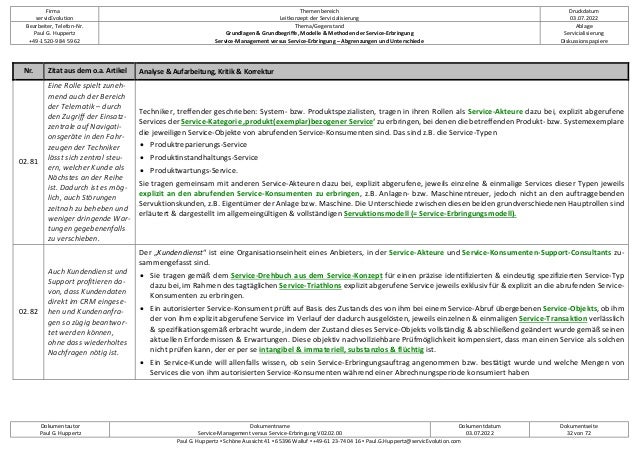 Firma
servicEvolution
Themenbereich
Leitkonzept der Servicialisierung
Druckdatum
03.07.2022
Bearbeiter, Telefon-Nr.
Paul G. Huppertz
+49-1520-9 84 59 62
Thema/Gegenstand
Grundlagen & Grundbegriffe, Modelle & Methoden der Service-Erbringung
Service-Management versus Service-Erbringung – Abgrenzungen und Unterschiede
Ablage
Servicialisierung
Diskussionspapiere
Dokumentautor
Paul G. Huppertz
Dokumentname
Service-Management versus Service-Erbringung V02.02.00
Dokumentdatum
03.07.2022
Dokumentseite
32 von 72
Paul G. Huppertz ▪ Schöne Aussicht 41 ▪ 65396 Walluf ▪ +49-61 23-74 04 16 ▪ Paul.G.Huppertz@servicEvolution.com
Nr. Zitat aus dem o.a. Artikel Analyse & Aufarbeitung, Kritik & Korrektur
02.81
Eine Rolle spielt zuneh-
mend auch der Bereich
der Telematik – durch
den Zugriff der Einsatz-
zentrale auf Navigati-
onsgeräte in den Fahr-
zeugen der Techniker
lässt sich zentral steu-
ern, welcher Kunde als
Nächstes an der Reihe
ist. Dadurch ist es mög-
lich, auch Störungen
zeitnah zu beheben und
weniger dringende War-
tungen gegebenenfalls
zu verschieben.
Techniker, treffender geschrieben: System- bzw. Produktspezialisten, tragen in ihren Rollen als Service-Akteure dazu bei, explizit abgerufene
Services der Service-Kategorie ‚produkt(exemplar)bezogener Service‘ zu erbringen, bei denen die betreffenden Produkt- bzw. Systemexemplare
die jeweiligen Service-Objekte von abrufenden Service-Konsumenten sind. Das sind z.B. die Service-Typen
• Produktreparierungs-Service
• Produktinstandhaltungs-Service
• Produktwartungs-Service.
Sie tragen gemeinsam mit anderen Service-Akteuren dazu bei, explizit abgerufene, jeweils einzelne & einmalige Services dieser Typen jeweils
explizit an den abrufenden Service-Konsumenten zu erbringen, z.B. Anlagen- bzw. Maschinentreuer, jedoch nicht an den auftraggebenden
Servuktionskunden, z.B. Eigentümer der Anlage bzw. Maschine. Die Unterschiede zwischen diesen beiden grundverschiedenen Hauptrollen sind
erläutert & dargestellt im allgemeingültigen & vollständigen Servuktionsmodell (= Service-Erbringungsmodell).
02.82
Auch Kundendienst und
Support profitieren da-
von, dass Kundendaten
direkt im CRM eingese-
hen und Kundenanfra-
gen so zügig beantwor-
tet werden können,
ohne dass wiederholtes
Nachfragen nötig ist.
Der „Kundendienst“ ist eine Organisationseinheit eines Anbieters, in der Service-Akteure und Service-Konsumenten-Support-Consultants zu-
sammengefasst sind.
• Sie tragen gemäß dem Service-Drehbuch aus dem Service-Konzept für einen präzise identifizierten & eindeutig spezifizierten Service-Typ
dazu bei, im Rahmen des tagtäglichen Service-Triathlons explizit abgerufene Service jeweils exklusiv für & explizit an die abrufenden Service-
Konsumenten zu erbringen.
• Ein autorisierter Service-Konsument prüft auf Basis des Zustands des von ihm bei einem Service-Abruf übergebenen Service-Objekts, ob ihm
der von ihm explizit abgerufene Service im Verlauf der dadurch ausgelösten, jeweils einzelnen & einmaligen Service-Transaktion verlässlich
& spezifikationsgemäß erbracht wurde, indem der Zustand dieses Service-Objekts vollständig & abschließend geändert wurde gemäß seinen
aktuellen Erfordernissen & Erwartungen. Diese objektiv nachvollziehbare Prüfmöglichkeit kompensiert, dass man einen Service als solchen
nicht prüfen kann, der er per se intangibel & immateriell, substanzlos & flüchtig ist.
• Ein Service-Kunde will allenfalls wissen, ob sein Service-Erbringungsauftrag angenommen bzw. bestätigt wurde und welche Mengen von
Services die von ihm autorisierten Service-Konsumenten während einer Abrechnungsperiode konsumiert haben
 