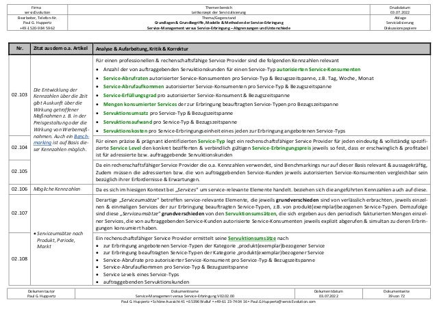 Firma
servicEvolution
Themenbereich
Leitkonzept der Servicialisierung
Druckdatum
03.07.2022
Bearbeiter, Telefon-Nr.
Paul G. Huppertz
+49-1520-9 84 59 62
Thema/Gegenstand
Grundlagen & Grundbegriffe, Modelle & Methoden der Service-Erbringung
Service-Management versus Service-Erbringung – Abgrenzungen und Unterschiede
Ablage
Servicialisierung
Diskussionspapiere
Dokumentautor
Paul G. Huppertz
Dokumentname
Service-Management versus Service-Erbringung V02.02.00
Dokumentdatum
03.07.2022
Dokumentseite
39 von 72
Paul G. Huppertz ▪ Schöne Aussicht 41 ▪ 65396 Walluf ▪ +49-61 23-74 04 16 ▪ Paul.G.Huppertz@servicEvolution.com
Nr. Zitat aus dem o.a. Artikel Analyse & Aufarbeitung, Kritik & Korrektur
02.103
Die Entwicklung der
Kennzahlen über die Zeit
gibt Auskunft über die
Wirkung getroffener
Maßnahmen z. B. in der
Preisgestaltung oder die
Wirkung von Werbemaß-
nahmen. Auch ein Bench-
marking ist auf Basis die-
ser Kennzahlen möglich.
Für einen professionellen & rechenschaftsfähige Service Provider sind die folgenden Kennzahlen relevant
• Anzahl der von auftraggebenden Servuktionskunden für einen Service-Typ autorisierten Service-Konsumenten
• Service-Abrufraten autorisierter Service-Konsumenten pro Service-Typ & Bezugszeitspanne, z.B. Tag, Woche, Monat
• Service-Abrufaufkommen autorisierter Service-Konsumenten pro Service-Typ & Bezugszeitspanne
• Service-Erfüllungsgrad pro autorisierter Service-Konsument & Bezugszeitspanne
• Mengen konsumierter Services der zur Erbringung beauftragten Service-Typen pro Bezugszeitspanne
• Servuktionsumsatz pro Service-Typ & Bezugszeitspanne
• Servuktionsaufwand pro Service-Typ & Bezugszeitspanne
• Servuktionskosten pro Service-Erbringungseinheit eines jeden zur Erbringung angebotenen Service-Typs
02.104
Für einen präzise & prägnant identifizierten Service-Typ legt ein rechenschaftsfähiger Service Provider für jeden eindeutig & vollständig spezifi-
zierte Service Level den konkret bezifferten & verbindlich gültigen Service-Erbringungspreis jeweils so fest, dass er erschwinglich & profitabel
ist für adressierte bzw. auftraggebende Servuktionskunden
02.105
Da ein rechenschaftsfähiger Service Provider die o.a. Kennzahlen verwendet, sind Benchmarkings nur auf dieser Basis relevant & aussagekräftig,
Zudem müssen die adressierten bzw. die von auftraggebenden Service-Kunden jeweils autorisierten Service-Konsumenten vergleichbar sein
bezüglich ihrer Erfordernisse & Erwartungen.
02.106 Mögliche Kennzahlen Da es sich im hiesigen Kontext bei „Services“ um service-relevante Elemente handelt. beziehen sich die angeführten Kennzahlen auch auf diese.
02.107
• Serviceumsätze nach
Produkt, Periode,
Markt
Derartige „Serviceumsätze“ betreffen service-relevante Elemente, die jeweils grundverschieden sind von verlässlich erbrachten, jeweils einzel-
nen & einmaligen Services der zur Erbringung beauftragten Service-Typen, z.B. von produkt(exemplar)bezogenen Service-Typen. Demzufolge
sind diese „Serviceumsätze“ grundverschieden von den Servuktionsumsätzen, die sich ergeben aus den periodisch fakturierten Mengen einzel-
ner Services, die von auftraggebenden Service-Kunden autorisierte Service-Konsumenten jeweils explizit abgerufen & simultan zu deren Erbrin-
gungen konsumiert haben.
02.108
Ein rechenschaftsfähiger Service Provider ermittelt seine Servuktionsumsätze nach
• zur Erbringung angebotenen Service-Typen der Kategorie ‚produkt(exemplar)bezogener Service
• zur Erbringung beauftragten Service-Typen der Kategorie ‚produkt(exemplar)bezogener Service
• Service-Abrufrate pro autorisierter Service-Konsument pro Service-Typ & Bezugszeitspanne
• Service-Abrufaufkommen pro Service-Typ & Bezugszeitspanne
• Service Levels eines Service-Typs
• auftraggebenden Servuktionskunden
 