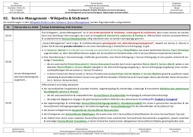Firma
servicEvolution
Themenbereich
Leitkonzept der Servicialisierung
Druckdatum
03.07.2022
Bearbeiter, Telefon-Nr.
Paul G. Huppertz
+49-1520-9 84 59 62
Thema/Gegenstand
Grundlagen & Grundbegriffe, Modelle & Methoden der Service-Erbringung
Service-Management versus Service-Erbringung – Abgrenzungen und Unterschiede
Ablage
Servicialisierung
Diskussionspapiere
Dokumentautor
Paul G. Huppertz
Dokumentname
Service-Management versus Service-Erbringung V02.02.00
Dokumentdatum
03.07.2022
Dokumentseite
4 von 72
Paul G. Huppertz ▪ Schöne Aussicht 41 ▪ 65396 Walluf ▪ +49-61 23-74 04 16 ▪ Paul.G.Huppertz@servicEvolution.com
02. Service-Management – Wikipedia & Stichwort
Die Ausführungen in dem Wikipedia-Artikel zu dem Stichwort ‚Service-Management‘ werden folgendermaßen aufgearbeitet:
Nr. Zitat aus dem o.a. Artikel Analyse & Aufarbeitung, Kritik & Korrektur
02.01
Service-Management
oder Dienstleistungsma-
nagement …
Das Schlagwort „Service-Management“ ist in sich widersprüchlich & inhaltsleer, nichtssagend & irreführend, denn einen Service als solchen
kann man überhaupt nicht managen, da er per se intangibel & immateriell, substanzlos & flüchtig ist. Offensichtlich sind die unausweichlichen
& unabänderlichen Service-Charakteristika völlig unbekannt oder sie werden durchgängig ignoriert.
02.02
„Service-Management“ wird irriger- & irreführenderweise gleichgesetzt mit „Dienstleistungsmanagement“, obwohl ein Service (= Dienst) in
jedem Fall & Kontext grundverschieden ist von einer Dienstleistung (= Dienst/Service-Erbringung). Es gilt:
• Ein Service (= Dienst) ist ein Bündel von einmalig konsumierbaren & flüchtigen Nutzeffekten, das einem bestimmten Service-Typ (= Diensttyp)
zugeschrieben ist, denn Nutzeffekte können wegen der Service/Dienst-Charakteristika nicht in Services/Dienste implementiert werden.
• Eine Dienstleistung (= Serviceleistung), treffender geschrieben: eine Dienst-Erbringung (= Service-Erbringung) ist eine jeweils einzelne & ein-
malige Transaktion,
o die ein autorisierter Dienst-Konsument (= Service-Konsument) auslöst durch einen expliziten Dienst-Abruf (= Service-Abruf), wobei er sein
aktuelles Dienst-Objekt (= Service-Objekt) übergibt in die Dienst-Erbringungsumgebung (= Service-Erbringungsumgebung) eines rechen-
schaftspflichtigen Dienst-Leisters (= Service Providers)
o in deren Verlauf der Dienst-Leister (= Service Provider) den Zustand dieses Dienst-Objekts (= Service-Objekts) gezielt & qualifiziert sowie
vollständig & abschließend ändern lassen muss gemäß den aktuellen Erfordernissen & Erwartungen dieses abrufenden Dienst-Konsumen-
ten (= Service--Konsumenten).
02.03
Offensichtlich sind völlig unbekannt
• die nachvollziehbar hergeleitete & plausibel erklärte, allgemeingültige & vollständige, eindeutige & konsistente Definition des elementaren
Grundbegriffs ‚Service (= Dienst)‘,
o die die unausweichlichen & unabänderlichen Service/Dienst-Charakteristika durchgängig & umfassend berücksichtigt
o die prägnant abgegrenzt ist gegen die gleichartig beschaffene Definition des elementaren Grundbegriffs ‚Produkt (= Erzeugnis)‘
• das allgemeingültige & vollständige Service/Dienst-Erbringungsmodell (= Servuktionsmodell) mit seinen 4 generischen Hauptrollen & der
Service/Dienst-Erbringungsumgebung (= Servuktionsumgebung = Service(land)scape) für den betreffenden Service/Dienst-Typ
• die absolut erfolgskritische Hauptrolle des Service/Dienst-Konsumenten
• die 4 Kategorien von Service/Dienst-Objekttypen, die jeweils einer der 3 Service/Dienst-Identifikatoren für einen Service/Dienst-Typ sind
• der Ablauf einer durch einen expliziten Service/Dienst-Abruf eines autorisierten Service/Dienst-Konsumenten ausgelösten, jeweils einzelnen
& einmaligen Service/Dienst-Transaktion, in deren Verlauf der Zustand eines übergebenen Service/Dienst-Objekts gezielt geändert wird.
 