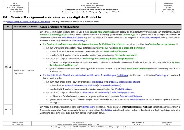 Firma
servicEvolution
Themenbereich
Leitkonzept der Servicialisierung
Druckdatum
03.07.2022
Bearbeiter, Telefon-Nr.
Paul G. Huppertz
+49-1520-9 84 59 62
Thema/Gegenstand
Grundlagen & Grundbegriffe, Modelle & Methoden der Service-Erbringung
Service-Management versus Service-Erbringung – Abgrenzungen und Unterschiede
Ablage
Servicialisierung
Diskussionspapiere
Dokumentautor
Paul G. Huppertz
Dokumentname
Service-Management versus Service-Erbringung V02.02.00
Dokumentdatum
03.07.2022
Dokumentseite
43 von 72
Paul G. Huppertz ▪ Schöne Aussicht 41 ▪ 65396 Walluf ▪ +49-61 23-74 04 16 ▪ Paul.G.Huppertz@servicEvolution.com
04. Service Management – Services versus digitale Produkte
Der Blog-Beitrag ‘Services sind digitale Produkte‘ wird folgendermaßen analysiert & aufgearbeitet:
Nr. Zitat aus dem o.a. Artikel Analyse & Aufarbeitung, Kritik & Korrektur
04.01
Services sind digitale
Produkte
Ein Service, treffender geschrieben: ein von einem Service-Konsumenten explizit abgerufener & daraufhin verlässlich an ihn erbrachter, jeweils
einzelner & einmalige Service eines präzise identifizierten & eindeutig spezifizierten Service-Typs ist in jedem Fall & Kontext grundverschieden
von einem von einem Produktinteressenten explizit bestellten & daraufhin verlässlich an ihn gelieferten Produktexemplar eines präzise identi-
fizierten & eindeutig spezifizierten Produkttyps.
• Ein Service ist ein Bündel von einmalig konsumierbaren & flüchtigen Nutzeffekten, das einem bestimmten Service-Typ zugeschrieben ist.
o Ein zur Erbringung angebotener bzw. erforderlicher Service-Typ wird präzise & prägnant identifiziert
 an Hand seiner 3 wesensbestimmenden Merkmale (= 3 Service-Identifikatoren)
 aus der Sicht & Wahrnehmung von adressierten bzw. autorisierten Service-Konsumenten
o Ein präzise & prägnant identifizierter Service-Typ wird eindeutig & vollständig spezifiziert
 auf Basis von abgestimmten & akzeptierten sowie konkreten & verbindlichen Werten für die 12 Standard-Service-Attribute (= 12 Stan-
dard-Service-Qualifikatoren)
 gemäß den Erfordernissen & Erwartungen von adressierten bzw. autorisierten Service-Konsumenten sowie in deren Begriffen & For-
mulierungen.
• Ein Produkt ist ein Bündel von wiederholt ausführbaren & beständigen Funktionen, die für einen bestimmten Produkttyp entworfen &
konstruiert wurden.
o Ein zum Kauf angebotener bzw. erforderlicher Produkttyp wird präzise & prägnant identifiziert
 an Hand seiner wesensbestimmenden Funktion (= Produktidentifikator)
 aus der Sicht & Wahrnehmung von adressierten bzw. autorisierten Produktbesitzern
o Ein präzise & prägnant identifizierter Produkttyp wird eindeutig & vollständig spezifiziert
 auf Basis von Beschaffenheits-, Ausstattungs- & Leistungsmerkmalen (= Produktqualifikatoren)
 gemäß den Vorstellungen & Anforderungen von adressierten bzw. autorisierten Produktbesitzern sowie in deren Begriffen & Formu-
lierungen.
04.02
Ein Produktexemplar als solches kann nicht digital(isiert) werden, sondern allenfalls Informationsrepräsentationen verschiedener Kategorien &
Typen, die ein solches Produktexemplar bzw. den zugehörigen Produkttyp betreffen. Das kann z.B. eine Beschreibung des Produkttyps sein, eine
Zeichnung oder ein Foto davon oder ein Benutzerhandbuch dafür.
 
