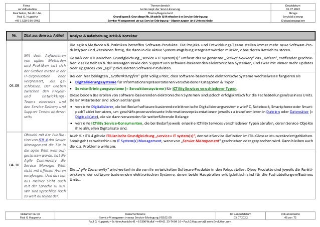 Firma
servicEvolution
Themenbereich
Leitkonzept der Servicialisierung
Druckdatum
03.07.2022
Bearbeiter, Telefon-Nr.
Paul G. Huppertz
+49-1520-9 84 59 62
Thema/Gegenstand
Grundlagen & Grundbegriffe, Modelle & Methoden der Service-Erbringung
Service-Management versus Service-Erbringung – Abgrenzungen und Unterschiede
Ablage
Servicialisierung
Diskussionspapiere
Dokumentautor
Paul G. Huppertz
Dokumentname
Service-Management versus Service-Erbringung V02.02.00
Dokumentdatum
03.07.2022
Dokumentseite
46 von 72
Paul G. Huppertz ▪ Schöne Aussicht 41 ▪ 65396 Walluf ▪ +49-61 23-74 04 16 ▪ Paul.G.Huppertz@servicEvolution.com
Nr. Zitat aus dem o.a. Artikel Analyse & Aufarbeitung, Kritik & Korrektur
04.09
Mit dem Aufkommen
von agilen Methoden
und Praktiken hat sich
der Graben mitten in der
IT-Organisation eher
vergrössert, als ge-
schlossen. Der Graben
zwischen den Projekt-
und Entwicklungs-
Teams einerseits und
den Service Delivery und
Support Teams anderer-
seits.
Die agilen Methoden & Praktiken betreffen Software-Produkte. Die Projekt- und Entwicklungs-Teams stellen immer mehr neue Software-Pro-
dukttypen und -versionen fertig, die dann in die aktive Systemumgebung integriert werden müssen, ohne deren Betrieb zu stören.
Gemäß der ITILianischen Grundgleichung „service = IT system(s)“ umfasst das so genannte „Service Delivery“ das „Liefern“, treffender geschrie-
ben: das Betreiben & das Managen sowie den Support von software-basierenden elektronischen Systemen, und zwar mit immer mehr Updates
oder Upgrades von „agil“ produzierten Software-Produkten.
Bei den hier beklagten „Grabenkämpfen“ geht völlig unter, dass software-basierende elektronische Systeme wechselweise fungieren als
• Digitalisierungssysteme für Informationsrepräsentationen verschiedener Kategorien & Typen
• Service-Erbringungssysteme (= Servuktionssysteme) für ICTility Services verschiedener Typen.
Diese beiden Basisrollen von software-basierenden elektronischen Systemen sind jedoch erfolgskritisch für die Fachabteilungen/Business Units.
Deren Mitarbeiter sind schon seit langem
• versierte Digitalisierer, die bei Bedarf software-basierende elektronische Digitalisierungssysteme wie PC, Notebook, Smartphone oder Smart-
pad/Tablet benutzen, um geschäftsprozessrelevante Informationsrepräsentationen jeweils zu transformieren in Dateien oder Datensätze (=
Digit(alis)ate), die sie dann verwenden für weiterführende Belange
• versierte ICTility Service-Konsumenten, die bei Bedarf jeweils einzelne ICTility Services verschiedener Typen abrufen, deren Service-Objekte
ihre aktuellen Digitalisate sind.
04.10
Obwohl mit der Publika-
tion von ITIL 4 das Sevice
Management die Tür in
die agile Welt weit auf-
gestossen wurde, hat die
Agile Community die
Service Manager Welt
nicht mit offenen Armen
empfangen. Und das hat
aus meiner Sicht auch
mit der Sprache zu tun.
Wir sind sprachlich noch
zu weit auseinander.
Auch für ITIL 4 gilt die ITILianische Grundgleichung „service = IT system(s)“, denn die Service-Definition im ITIL-Glossar ist unverändert geblieben.
Somit geht es weiterhin um IT System(s) Management, wenn von „Service Management“ geschrieben oder gesprochen wird. Dann bleiben auch
die o.a. Probleme wirksam.
Die „Agile Community“ wird weiterhin die von ihr entwickelten Software-Produkte in den Fokus stellen. Diese Produkte sind jeweils die Funkti-
onskerne der software-basierenden elektronischen Systeme, deren beide Hauptrollen erfolgskritisch sind für die Fachabteilungen/Business
Units..
 
