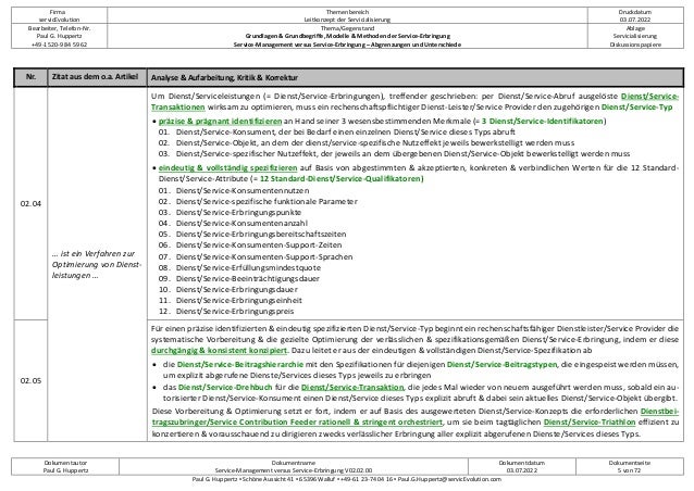 Firma
servicEvolution
Themenbereich
Leitkonzept der Servicialisierung
Druckdatum
03.07.2022
Bearbeiter, Telefon-Nr.
Paul G. Huppertz
+49-1520-9 84 59 62
Thema/Gegenstand
Grundlagen & Grundbegriffe, Modelle & Methoden der Service-Erbringung
Service-Management versus Service-Erbringung – Abgrenzungen und Unterschiede
Ablage
Servicialisierung
Diskussionspapiere
Dokumentautor
Paul G. Huppertz
Dokumentname
Service-Management versus Service-Erbringung V02.02.00
Dokumentdatum
03.07.2022
Dokumentseite
5 von 72
Paul G. Huppertz ▪ Schöne Aussicht 41 ▪ 65396 Walluf ▪ +49-61 23-74 04 16 ▪ Paul.G.Huppertz@servicEvolution.com
Nr. Zitat aus dem o.a. Artikel Analyse & Aufarbeitung, Kritik & Korrektur
02.04
… ist ein Verfahren zur
Optimierung von Dienst-
leistungen …
Um Dienst/Serviceleistungen (= Dienst/Service-Erbringungen), treffender geschrieben: per Dienst/Service-Abruf ausgelöste Dienst/Service-
Transaktionen wirksam zu optimieren, muss ein rechenschaftspflichtiger Dienst-Leister/Service Provider den zugehörigen Dienst/Service-Typ
• präzise & prägnant identifizieren an Hand seiner 3 wesensbestimmenden Merkmale (= 3 Dienst/Service-Identifikatoren)
01. Dienst/Service-Konsument, der bei Bedarf einen einzelnen Dienst/Service dieses Typs abruft
02. Dienst/Service-Objekt, an dem der dienst/service-spezifische Nutzeffekt jeweils bewerkstelligt werden muss
03. Dienst/Service-spezifischer Nutzeffekt, der jeweils an dem übergebenen Dienst/Service-Objekt bewerkstelligt werden muss
• eindeutig & vollständig spezifizieren auf Basis von abgestimmten & akzeptierten, konkreten & verbindlichen Werten für die 12 Standard-
Dienst/Service-Attribute (= 12 Standard-Dienst/Service-Qualifikatoren)
01. Dienst/Service-Konsumentennutzen
02. Dienst/Service-spezifische funktionale Parameter
03. Dienst/Service-Erbringungspunkte
04. Dienst/Service-Konsumentenanzahl
05. Dienst/Service-Erbringungsbereitschaftszeiten
06. Dienst/Service-Konsumenten-Support-Zeiten
07. Dienst/Service-Konsumenten-Support-Sprachen
08. Dienst/Service-Erfüllungsmindestquote
09. Dienst/Service-Beeinträchtigungsdauer
10. Dienst/Service-Erbringungsdauer
11. Dienst/Service-Erbringungseinheit
12. Dienst/Service-Erbringungspreis
02.05
Für einen präzise identifizierten & eindeutig spezifizierten Dienst/Service-Typ beginnt ein rechenschaftsfähiger Dienstleister/Service Provider die
systematische Vorbereitung & die gezielte Optimierung der verlässlichen & spezifikationsgemäßen Dienst/Service-Erbringung, indem er diese
durchgängig & konsistent konzipiert. Dazu leitet er aus der eindeutigen & vollständigen Dienst/Service-Spezifikation ab
• die Dienst/Service-Beitragshierarchie mit den Spezifikationen für diejenigen Dienst/Service-Beitragstypen, die eingespeist werden müssen,
um explizit abgerufene Dienste/Services dieses Typs jeweils zu erbringen
• das Dienst/Service-Drehbuch für die Dienst/Service-Transaktion, die jedes Mal wieder von neuem ausgeführt werden muss, sobald ein au-
torisierter Dienst/Service-Konsument einen Dienst/Service dieses Typs explizit abruft & dabei sein aktuelles Dienst/Service-Objekt übergibt.
Diese Vorbereitung & Optimierung setzt er fort, indem er auf Basis des ausgewerteten Dienst/Service-Konzepts die erforderlichen Dienstbei-
tragszubringer/Service Contribution Feeder rationell & stringent orchestriert, um sie beim tagtäglichen Dienst/Service-Triathlon effizient zu
konzertieren & vorausschauend zu dirigieren zwecks verlässlicher Erbringung aller explizit abgerufenen Dienste/Services dieses Typs.
 