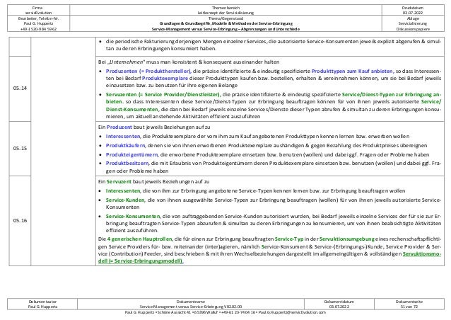 Firma
servicEvolution
Themenbereich
Leitkonzept der Servicialisierung
Druckdatum
03.07.2022
Bearbeiter, Telefon-Nr.
Paul G. Huppertz
+49-1520-9 84 59 62
Thema/Gegenstand
Grundlagen & Grundbegriffe, Modelle & Methoden der Service-Erbringung
Service-Management versus Service-Erbringung – Abgrenzungen und Unterschiede
Ablage
Servicialisierung
Diskussionspapiere
Dokumentautor
Paul G. Huppertz
Dokumentname
Service-Management versus Service-Erbringung V02.02.00
Dokumentdatum
03.07.2022
Dokumentseite
51 von 72
Paul G. Huppertz ▪ Schöne Aussicht 41 ▪ 65396 Walluf ▪ +49-61 23-74 04 16 ▪ Paul.G.Huppertz@servicEvolution.com
• die periodische Fakturierung derjenigen Mengen einzelner Services, die autorisierte Service-Konsumenten jeweils explizit abgerufen & simul-
tan zu deren Erbringungen konsumiert haben.
05.14
Bei „Unternehmen“ muss man konsistent & konsequent auseinander halten
• Produzenten (= Produkthersteller), die präzise identifizierte & eindeutig spezifizierte Produkttypen zum Kauf anbieten, so dass Interessen-
ten bei Bedarf Produktexemplare dieser Produkttypen kaufen bzw. bestellen, erhalten & vereinnahmen können, um sie bei Bedarf jeweils
einzusetzen bzw. zu benutzen für ihre eigenen Belange
• Servuzenten (= Service Provider/Dienstleister), die präzise identifizierte & eindeutig spezifizierte Service/Dienst-Typen zur Erbringung an-
bieten. so dass Interessenten diese Service/Dienst-Typen zur Erbringung beauftragen können für von ihnen jeweils autorisierte Service/
Dienst-Konsumenten, die dann bei Bedarf jeweils einzelne Services/Dienste dieser Typen abrufen & simultan zu deren Erbringungen konsu-
mieren, um aktuell anstehende Aktivitäten effizient auszuführen
05.15
Ein Produzent baut jeweils Beziehungen auf zu
• Interessenten, die Produktexemplare der vom ihm zum Kauf angebotenen Produkttypen kennen lernen bzw. erwerben wollen
• Produktkäufern, denen sie von ihnen erworbenen Produktexemplare aushändigen & gegen Bezahlung des Produktpreises übereignen
• Produkteigentümern, die erworbene Produktexemplare einsetzen bzw. benutzen (wollen) und dabei ggf. Fragen oder Probleme haben
• Produktbesitzern, die mit Erlaubnis von Produkteigentümern deren Produktexemplare einsetzen bzw. benutzen (wollen) und dabei ggf. Fra-
gen oder Probleme haben
05.16
Ein Servuzent baut jeweils Beziehungen auf zu
• Interessenten, die von ihm zur Erbringung angebotene Service-Typen kennen lernen bzw. zur Erbringung beauftragen wollen
• Service-Kunden, die von ihnen ausgewählte Service-Typen zur Erbringung beauftragen (wollen) für von ihnen jeweils autorisierte Service-
Konsumenten
• Service-Konsumenten, die von auftraggebenden Service-Kunden autorisiert wurden, bei Bedarf jeweils einzelne Services der für sie zur Er-
bringung beauftragten Service-Typen abzurufen & simultan zu deren Erbringungen zu konsumieren, um von ihnen beabsichtigte Aktivitäten
effizient auszuführen.
Die 4 generischen Hauptrollen, die für einen zur Erbringung beauftragten Service-Typ in der Servuktionsumgebung eines rechenschaftspflichti-
gen Service Providers für- bzw. miteinander (inter)agieren, nämlich Service-Konsument & Service-(Erbringungs-)Kunde, Service Provider & Ser-
vice (Contribution) Feeder, sind beschrieben & mit ihren Wechselbeziehungen dargestellt im allgemeingültigen & vollständigen Servuktionsmo-
dell (= Service-Erbringungsmodell).
 