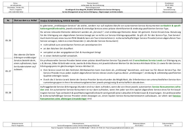 Firma
servicEvolution
Themenbereich
Leitkonzept der Servicialisierung
Druckdatum
03.07.2022
Bearbeiter, Telefon-Nr.
Paul G. Huppertz
+49-1520-9 84 59 62
Thema/Gegenstand
Grundlagen & Grundbegriffe, Modelle & Methoden der Service-Erbringung
Service-Management versus Service-Erbringung – Abgrenzungen und Unterschiede
Ablage
Servicialisierung
Diskussionspapiere
Dokumentautor
Paul G. Huppertz
Dokumentname
Service-Management versus Service-Erbringung V02.02.00
Dokumentdatum
03.07.2022
Dokumentseite
55 von 72
Paul G. Huppertz ▪ Schöne Aussicht 41 ▪ 65396 Walluf ▪ +49-61 23-74 04 16 ▪ Paul.G.Huppertz@servicEvolution.com
Nr. Zitat aus dem o.a. Artikel Analyse & Aufarbeitung, Kritik & Korrektur
05.26
Das oberste Ziel beim
Erbringen erstklassiger
Services besteht darin,
einen zufriedenen, loya-
len Kundenstamm auf-
zubauen.
Es gibt keine „erstklassigen Services“ als solche, sondern nur auf explizite Abrufe von autorisierten Service-Konsumenten verlässlich & spezifi-
kationsgemäß erbrachte, jeweils einzelne & einmalige Services eines präzise identifizierten & eindeutig spezifizierten Service-Typs.
Da service-relevante Elemente deklariert werden als „Service/s“, sind erstklassige Elemente dieser Art gemeint. Deren Einsatz bzw. Benutzung
für die Erbringung von abgerufenen Services besagt per se nichts zur Service-Erbringungsqualität. So gilt z.B. für den Service-Typ ‚Taxi-Service‘:
Auch beim Einsatz eines teuren PKW-Modells kann ein Taxi-Unternehmen (= rechenschaftspflichtiger Service Provider) einen abgerufenen Taxi-
Service versagen, indem es einen Reisenden (= abrufender Service-Konsument)
• nicht abholt zum vereinbarten Termin am vereinbarten Ort
• an den falschen Ort chauffiert
• verspätet an den vorgegebenen Ziel- & Ausstiegsort bringt
• in einen Verkehrsunfall verwickelt.
05.27
Ein professioneller Service Provider bietet einen präzise identifizierten Service-Typ jeweils mit 3 verschiedene Service Levels zur Erbringung an,
z.B. Bronze, Silber & Gold oder erste, zweite & dritte Klasse, mit jeweils höheren Werten für die Service-Attribute 02 bis 11 sowie für den Service-
Erbringungspreis im gleichnamigen Service-Attribut 12.
• Den Service Level mit den höchsten Attributwerten kann man dann als „erstklassig“ bezeichnen, und zwar nur für diesen Service-Typ. Der
Service Provider muss jeden explizit abgerufenen Service dieses Levels in genau dieser „erstklassigen“, eindeutig & vollständig spezifizierten
Qualität erbringen lassen.
• Durch die 3 Service Levels bietet der Service Provider Service-Kunden die Möglichkeit, die Erfordernisse von unterschiedlichen Service-Kon-
sumentengruppen in ihren Verantwortungsbereichen jeweils preisgünstig & wirtschaftlich abzudecken.
05.28
Auftraggebende Service-(Erbringungs-)Kunden sind nur dann zufrieden, wenn die von ihnen jeweils autorisierten Service-Konsumenten zufrie-
den sind. Ein autorisierter Service-Konsument ist nur dann zufrieden, wenn ihm jeder von ihm explizit abgerufene Service eines für ihn beauf-
tragten Service-Typs verlässlich & spezifikationsgemäß erbracht wird gemäß seinen aktuellen Erfordernissen & Erwartungen. Ein professioneller
& rechenschaftsfähiger Service Provider strebt deswegen an, einen loyalen Service-Konsumentenstamm aufzubauen, vor allem weil Service-
Konsumenten seine alleinzigen Umsatzbringer sind.
 