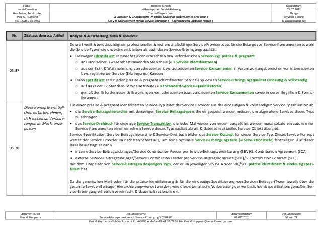 Firma
servicEvolution
Themenbereich
Leitkonzept der Servicialisierung
Druckdatum
03.07.2022
Bearbeiter, Telefon-Nr.
Paul G. Huppertz
+49-1520-9 84 59 62
Thema/Gegenstand
Grundlagen & Grundbegriffe, Modelle & Methoden der Service-Erbringung
Service-Management versus Service-Erbringung – Abgrenzungen und Unterschiede
Ablage
Servicialisierung
Diskussionspapiere
Dokumentautor
Paul G. Huppertz
Dokumentname
Service-Management versus Service-Erbringung V02.02.00
Dokumentdatum
03.07.2022
Dokumentseite
58 von 72
Paul G. Huppertz ▪ Schöne Aussicht 41 ▪ 65396 Walluf ▪ +49-61 23-74 04 16 ▪ Paul.G.Huppertz@servicEvolution.com
Nr. Zitat aus dem o.a. Artikel Analyse & Aufarbeitung, Kritik & Korrektur
05.37
Diese Konzepte ermögli-
chen es Unternehmen,
sich schnell an Verände-
rungen im Markt anzu-
passen.
Derweil weiß & berücksichtigt ein professioneller & rechenschaftsfähiger Service Provider, dass für die Belange von Service-Konsumenten sowohl
die Service-Typen die unverändert bleiben als auch deren Service-Erbringungsqualität.
• Deswegen identifiziert er zunächst jeden erbrachten bzw. erforderlichen Service-Typ präzise & prägnant
o an Hand seiner 3 wesensbestimmenden Merkmale (= 3 Service-Identifikatoren)
o aus der Sicht & Wahrnehmung von adressierten bzw. autorisierten Service-Konsumenten in Verantwortungsbereichen von interessierten
bzw. registrierten Service-(Erbringungs-)Kunden
• Dann spezifiziert er für jeden präzise & prägnant identifizierten Service-Typ dessen Service-Erbringungsqualität eindeutig & vollständig
o auf Basis der 12 Standard-Service-Attribute (= 12 Standard-Service-Qualifikatoren)
o gemäß den Erfordernissen & Erwartungen von adressierten bzw. autorisierten Service-Konsumenten sowie in deren Begriffen & Formu-
lierungen.
05.38
Für einen präzise & prägnant identifizierten Service-Typ leitet der Service Provider aus der eindeutigen & vollständigen Service-Spezifikation ab
• die Service-Beitragshierarchie mit denjenigen Service-Beitragstypen, die eingespeist werden müssen, um abgerufene Services dieses Typs
zu erbringen
• das Service-Drehbuch für diejenige Service-Transaktion, die jedes Mal wieder von neuem ausgeführt werden muss, sobald ein autorisierter
Service-Konsumenten einen einzelnen Service dieses Typs explizit abruft & dabei sein aktuelles Service-Objekt übergibt.
Service-Spezifikation, Service-Beitragshierarchie & Service-Drehbuch bilden das Service-Konzept für diesen Service-Typ. Dieses Service-Konzept
wertet der Service Provider im nächsten Schritt aus, um seine optimale Service-Erbringungstiefe (= Servuktionstiefe) festzulegen. Auf dieser
Basis beauftragt er dann
• interne Service-Beitragszubringer/Service Contribution Feeder per Service-Beitragsvereinbarung (SBV)/S. Contribution Agreement (SCA)
• externe Service-Beitragszubringer/Service Contribution Feeder per Service-Beitragskontrakte (SBK)/S. Contribution Contract (SCC)
mit dem Einspeisen von Service-Beiträgen desjenigen Typs, den er im jeweiligen SBV/SCA oder SBK/SCC präzise identifiziert & eindeutig spezi-
fiziert hat.
Da die generischen Methoden für die präzise Identifizierung & für die eindeutige Spezifizierung von Service-(Beitrags-)Typen jeweils über die
gesamte Service-(Beitrags-)Hierarchie angewendet werden, wird die systematische Vorbereitung der verlässlichen & spezifikationsgemäßen Ser-
vice-Erbringung erheblich vereinfacht & dauerhaft rationalisiert.
 