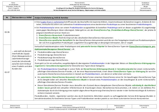 Firma
servicEvolution
Themenbereich
Leitkonzept der Servicialisierung
Druckdatum
03.07.2022
Bearbeiter, Telefon-Nr.
Paul G. Huppertz
+49-1520-9 84 59 62
Thema/Gegenstand
Grundlagen & Grundbegriffe, Modelle & Methoden der Service-Erbringung
Service-Management versus Service-Erbringung – Abgrenzungen und Unterschiede
Ablage
Servicialisierung
Diskussionspapiere
Dokumentautor
Paul G. Huppertz
Dokumentname
Service-Management versus Service-Erbringung V02.02.00
Dokumentdatum
03.07.2022
Dokumentseite
6 von 72
Paul G. Huppertz ▪ Schöne Aussicht 41 ▪ 65396 Walluf ▪ +49-61 23-74 04 16 ▪ Paul.G.Huppertz@servicEvolution.com
Nr. Zitat aus dem o.a. Artikel Analyse & Aufarbeitung, Kritik & Korrektur
02.06
… und stellt als Bereich
innerhalb des Supply-
Chain-Managements (=
Lieferkettenmanage-
ment) die Schnittstelle
zwischen dem Verkauf
eines Produkts und dem
Kunden dar.
• Eine Supply Chain (= Lieferkette) betrifft jeweils das Beschaffen & Zusammenführen, Zusammenbauen & (Zwischen-)Lagern, Anbieten & Ver-
teilen, Verkaufen & Liefern von zahlreichen Produktexemplaren eines bestimmten Produkttyps aus einer bestimmten Produktkategorie.
• Ein Produktexemplar eines von einem Produktkunden ausgewählten & bestellten Produkttyps wird an diesen ausgeliefert & ausgehändigt
sowie gegen Bezahlung an diesen übereignet. Dabei geht es um den Dienst/Service-Typ ‚Produktbeschaffungs-Dienst/Service‘, der präzise &
prägnant identifiziert wird an Hand von
1. Dienst/Service-Konsument: Produktinteressent
2. Dienst/Service-Objekt: Recht & Anspruch des abrufenden Dienst/Service-Konsumenten
3. Dienst/Service-spezifischer Nutzeffekt: für den Dienst/Service-Konsumenten wird die von ihm festgelegten Anzahl von Produktexemplaren
der von ihm ausgewählten Produkttypen ausgeliefert & ausgehändigt an denjenigen Adressaten, den er vorgibt
02.07
Verkaufte Produktexemplare vieler Produkttypen sind potenzielle Service-Objekte für Dienst/Service-Typen der Dienst/Service-Kategorie ‚pro-
dukt(exemplar)bezogener Dienst/Service‘, z.B.
• Produktinstallierungs-Dienst/Service
• Produktreinigungs-Dienst/Service
• Produktwartungs-Dienst/Service
• Produktreparierungs-Dienst/Service.
Dann geht es für ein verkauftes, ausgehändigtes & übereignetes Produktexemplar in der folgenden Weise um Dienst/Service-Erbringungsma-
nagement (= Servuktionsmanagement) für Dienst/Service-Typen dieser Kategorie:
• Ein Produkteigentümer beauftragt in seiner Rolle als Dienst/Service-(Erbringungs-)Kunde (= Servuktionskunde) bei einem rechenschafts-
pflichtigen Dienstleister/Service Provider, z.B. bei einer Reparaturwerkstatt, einen dieser Dienst/Service-Typen zur Erbringung für von ihm
autorisierte Dienst/Service-Konsumenten in Gestalt von Produktbesitzern, von denen er selbst einer sein kann.
• Ein autorisierter Dienst/Service-Konsument ruft bei Bedarf einen einzelnen Dienst/Service eines für ihn beauftragten Dienst/Service-Typs
ab & übergibt dabei sein aktuelles Dienst/Service-Objekt in Gestalt eines Produktexemplars an den beauftragten & somit rechenschafts-
pflichtigen Dienstleister/Service Provider.
• Dieser Dienstleister/Service Provider muss daraufhin den Zustand dieses übergebenen Dienst/Service-Objekts vollständig & abschließend
ändern lassen gemäß den aktuellen Erfordernissen & Erwartungen dieses Dienst/Service-Konsumenten, z.B. indem er ein defektes Pro-
duktexemplar durch die Erbringung eines explizit abgerufenen Reparierungs-Dienstes/Service wieder in den funktionstüchtigen & funktions-
sicheren Zustand versetzt.
Produktkunden, -käufer, -eigentümer werden also durch bestimmte Aktivitäten jeweils zu auftraggebenden Service-(Erbringungs-)Kunden (=
Servuktionskunden) für bestimmte Service-Typen und Produktbesitzer werden jeweils zu von ihnen autorisierten Service-Konsumenten.
 