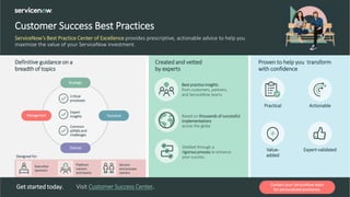 16 © 2020 ServiceNow, Inc. All Rights Reserved.
Customer Success Best Practices
ServiceNow’s Best Practice Center of Excellence provides prescriptive, actionable advice to help you
maximize the value of your ServiceNow investment.
Get started today. Visit Customer Success Center. Contact your ServiceNow team
for personalized assistance.
Definitive guidance on a
breadth of topics
Management Technical
Tactical
Strategic
Critical
processes
Expert
insights
Common
pitfalls and
challenges
Created and vetted
by experts
Distilled through a
rigorous process to enhance
your success
Based on thousands of successful
implementations
across the globe
Best practiceinsights
from customers, partners,
and ServiceNow teams
Proven to help you transform
with confidence
Practical Actionable
Value-
added
Expert-validated
Designed for:
Executive
sponsors
Platform
owners
and teams
Service
and process
owners
 