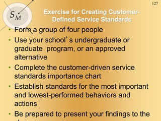 127
SM
Exercise for Creating Customer-
Defined Service Standards
• Form a group of four people
• Use your school’s undergraduate or
graduate program, or an approved
alternative
• Complete the customer-driven service
standards importance chart
• Establish standards for the most important
and lowest-performed behaviors and
actions
• Be prepared to present your findings to the
 