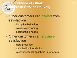 153
SM
Importance of Other
Customers in Service Delivery
• Other customers can detract from
satisfaction
• disruptive behaviors
• excessive crowding
• incompatible needs
• Other customers can enhance
satisfaction
• mere presence
• socialization/friendships
• roles: assistants, teachers, supporters
 