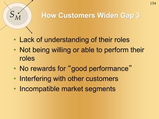 154
SM How Customers Widen Gap 3
• Lack of understanding of their roles
• Not being willing or able to perform their
roles
• No rewards for “good performance”
• Interfering with other customers
• Incompatible market segments
 
