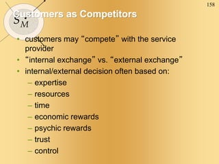 158
SM
Customers as Competitors
• customers may “compete” with the service
provider
• “internal exchange” vs. “external exchange”
• internal/external decision often based on:
– expertise
– resources
– time
– economic rewards
– psychic rewards
– trust
– control
 