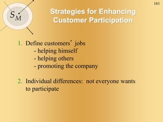 161
SM
Strategies for Enhancing
Customer Participation
1. Define customers’ jobs
- helping himself
- helping others
- promoting the company
2. Individual differences: not everyone wants
to participate
 