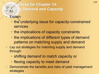 164
SM
Objectives for Chapter 14:
Managing Demand and Capacity
• Explain:
• the underlying issue for capacity-constrained
services
• the implications of capacity constraints
• the implications of different types of demand
patterns on matching supply and demand
• Lay out strategies for matching supply and demand
through:
• shifting demand to match capacity or
• flexing capacity to meet demand
• Demonstrate the benefits and risks of yield management
strategies
 