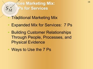 18
SM
Services Marketing Mix:
7 Ps for Services
• Traditional Marketing Mix
• Expanded Mix for Services: 7 Ps
• Building Customer Relationships
Through People, Processes, and
Physical Evidence
• Ways to Use the 7 Ps
 