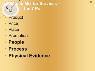 20
SM
Expanded Mix for Services --
the 7 Ps
• Product
• Price
• Place
• Promotion
• People
• Process
• Physical Evidence
 