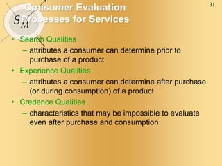 31
SM
Consumer Evaluation
Processes for Services
• Search Qualities
– attributes a consumer can determine prior to
purchase of a product
• Experience Qualities
– attributes a consumer can determine after purchase
(or during consumption) of a product
• Credence Qualities
– characteristics that may be impossible to evaluate
even after purchase and consumption
 