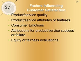 56
SM
Factors Influencing
Customer Satisfaction
• Product/service quality
• Product/service attributes or features
• Consumer Emotions
• Attributions for product/service success
or failure
• Equity or fairness evaluations
 