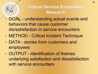 66
SM
Critical Service Encounters
Research
• GOAL - understanding actual events and
behaviors that cause customer
dis/satisfaction in service encounters
• METHOD - Critical Incident Technique
• DATA - stories from customers and
employees
• OUTPUT - identification of themes
underlying satisfaction and dissatisfaction
with service encounters
 