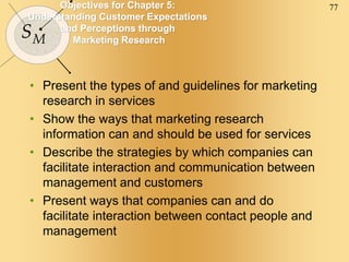 77
SM
Objectives for Chapter 5:
Understanding Customer Expectations
and Perceptions through
Marketing Research
• Present the types of and guidelines for marketing
research in services
• Show the ways that marketing research
information can and should be used for services
• Describe the strategies by which companies can
facilitate interaction and communication between
management and customers
• Present ways that companies can and do
facilitate interaction between contact people and
management
 