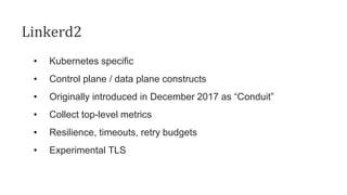 Istio
• Control plane / data plane (Envoy Proxy)
• 1.0 GA July 2018
• Collaboration between Google, IBM, Lyft,
VMWare, Red...