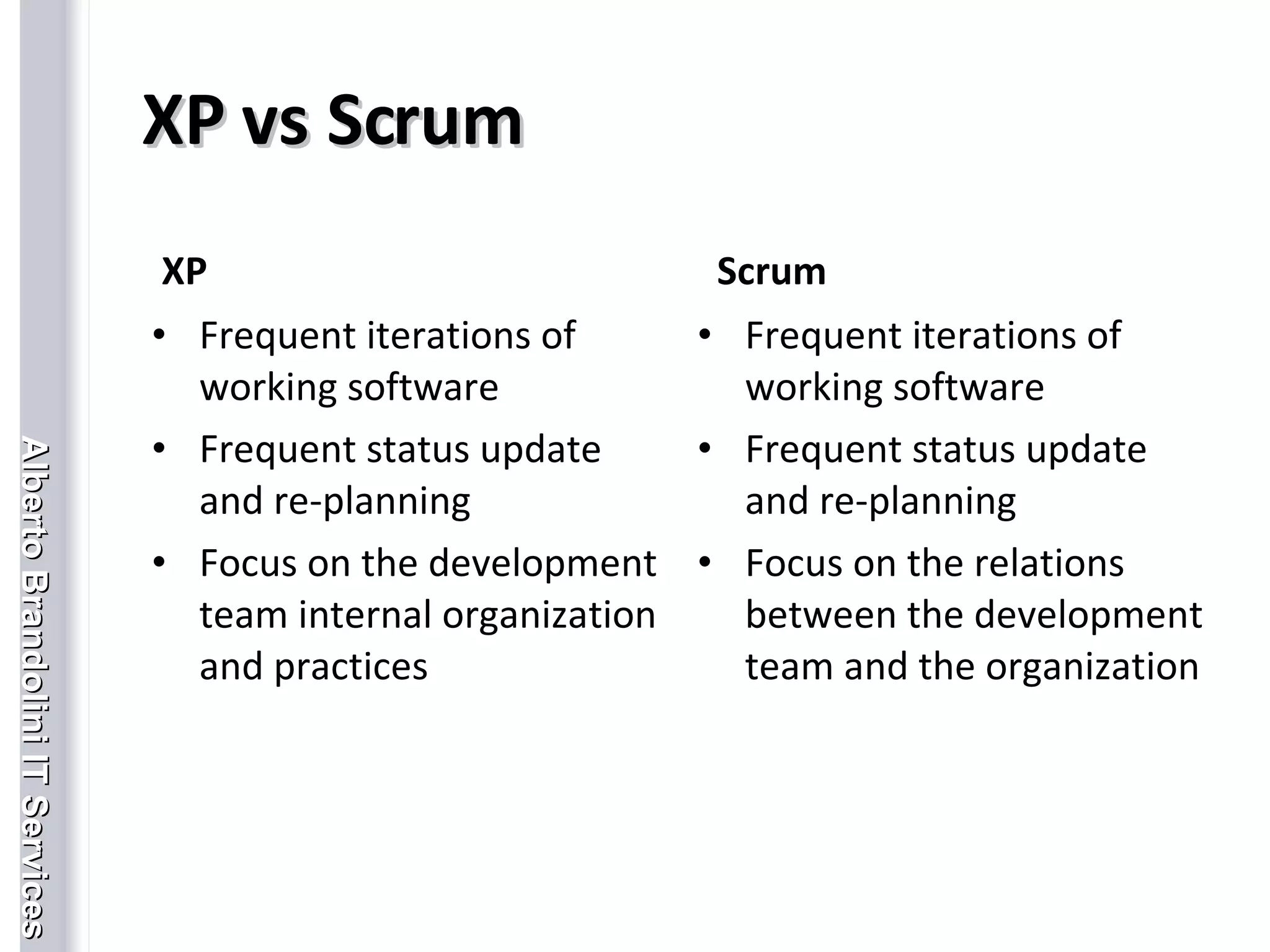 XP vs Scrum XP Frequent iterations of working software Frequent status update and re-planning Focus on the development team internal organization and practices Scrum Frequent iterations of working software Frequent status update and re-planning Focus on the relations between the development team and the organization 