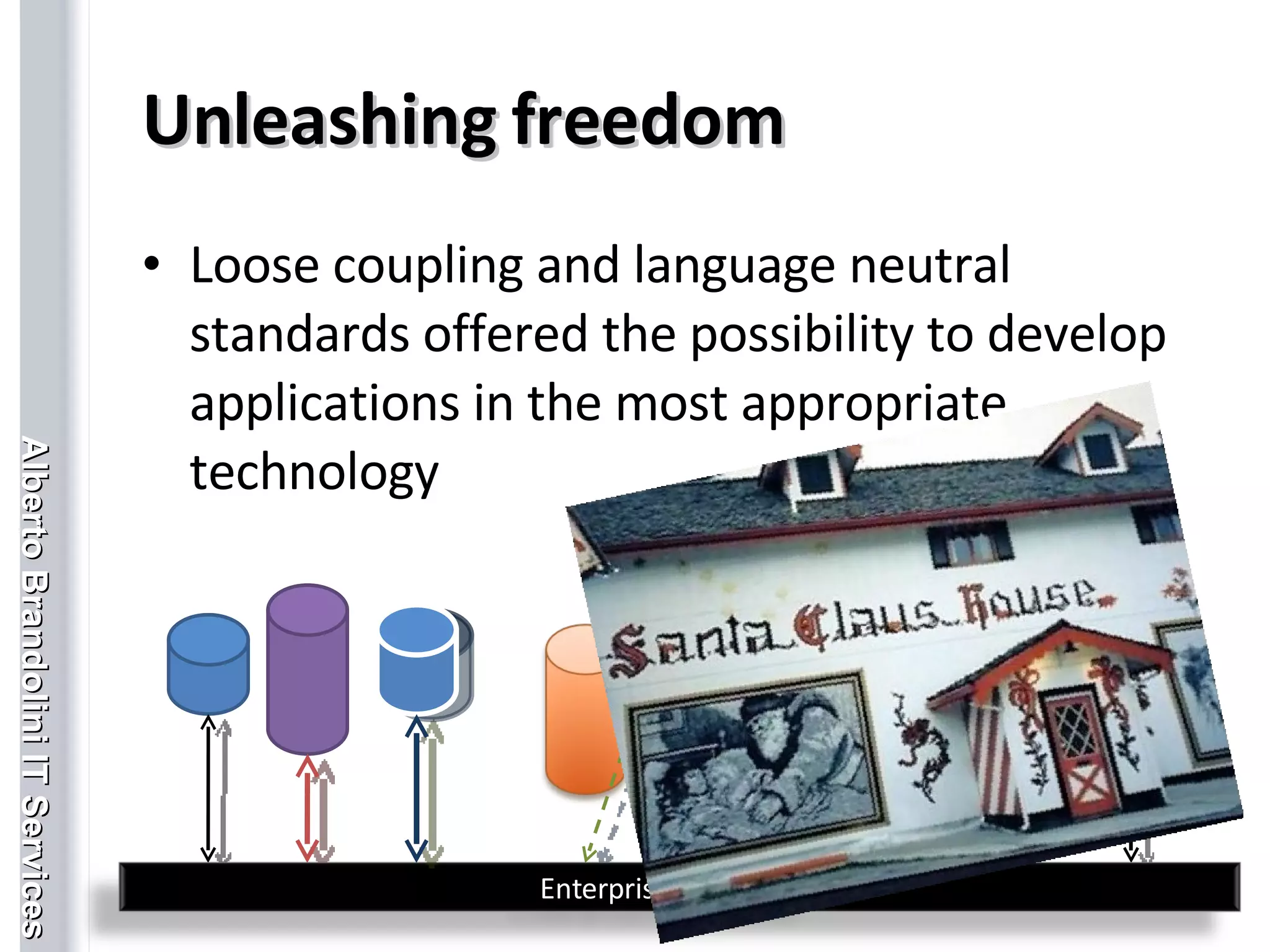 Unleashing freedom Loose coupling and language neutral standards offered the possibility to develop applications in the most appropriate technology Enterprise Service Bus 