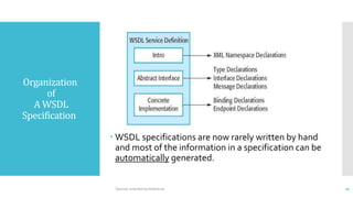 Organization
of
A WSDL
Specification
Service-oriented architecture 20
 WSDL specifications are now rarely written by hand
and most of the information in a specification can be
automatically generated.
 