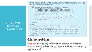 Part of a WSDL
description
for a web service
21
Major problem
does not include any information about non function
requirements (performance , dependability) discovered by
experiments !!
 