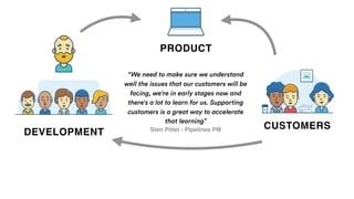 DEVELOPMENT
CUSTOMERS
PRODUCT
“We need to make sure we understand
well the issues that our customers will be
facing, we're in early stages now and
there's a lot to learn for us. Supporting
customers is a great way to accelerate
that learning”
Sten Pittet - Pipelines PM
 