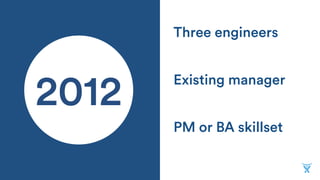 PM or BA skillset
Existing manager
2012
Three engineers
 