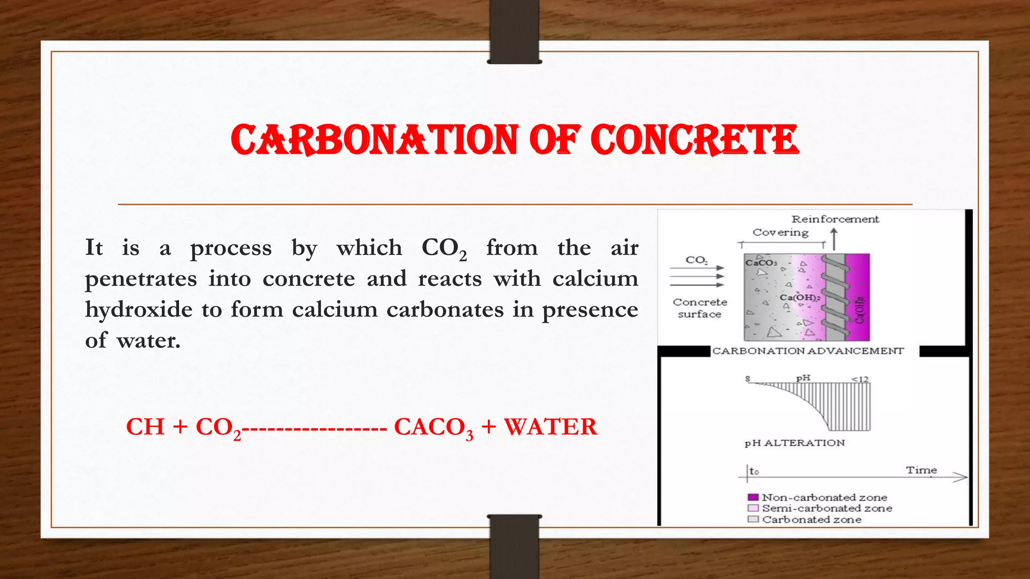 CARBONATION OF CONCRETE
It is a process by which CO2 from the air
penetrates into concrete and reacts with calcium
hydroxide to form calcium carbonates in presence
of water.
CH + CO2----------------- CACO3 + WATER
 