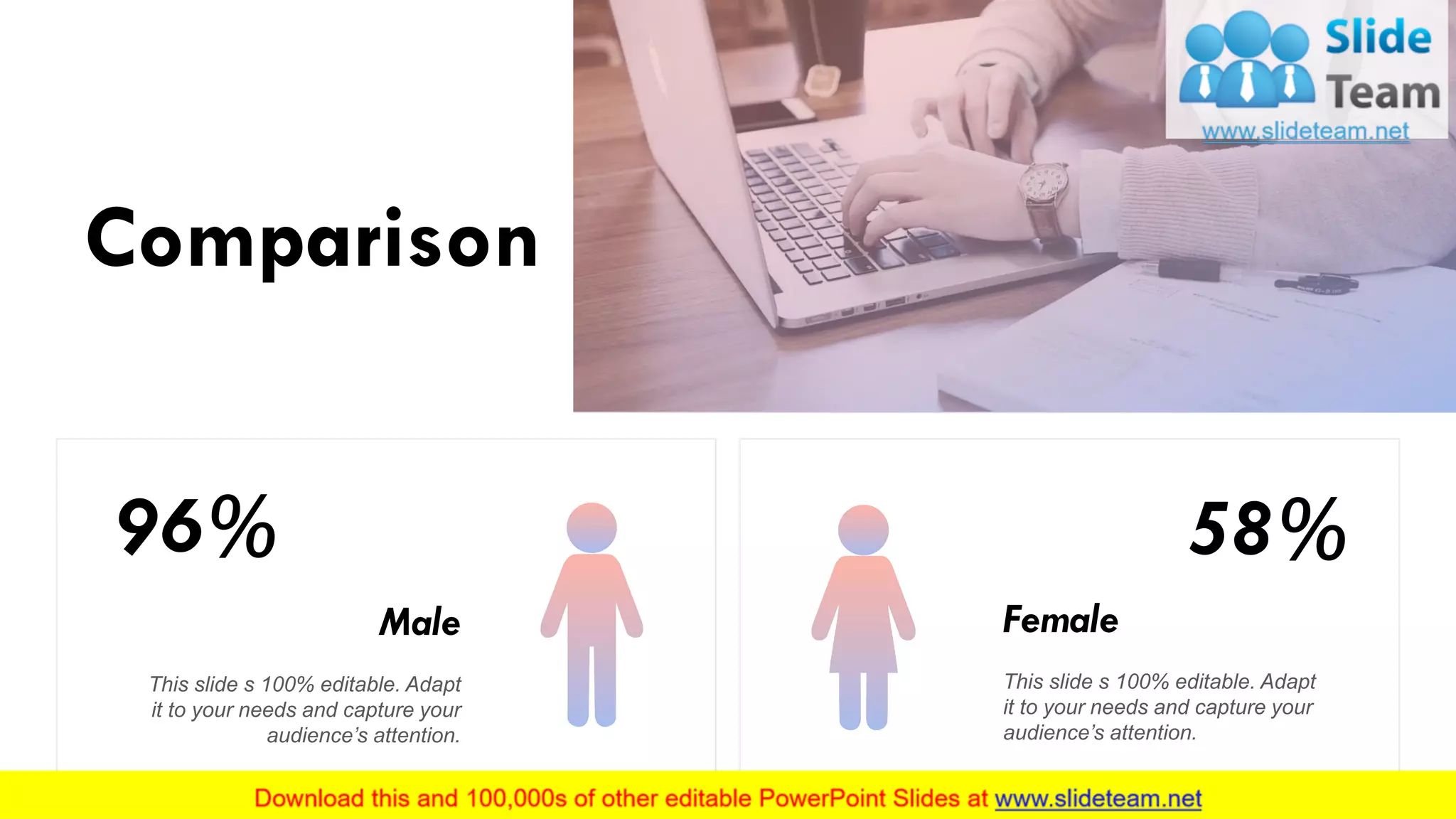 Comparison
58%
Female
This slide s 100% editable. Adapt
it to your needs and capture your
audience’s attention.
96%
Male
This slide s 100% editable. Adapt
it to your needs and capture your
audience’s attention.
31
 