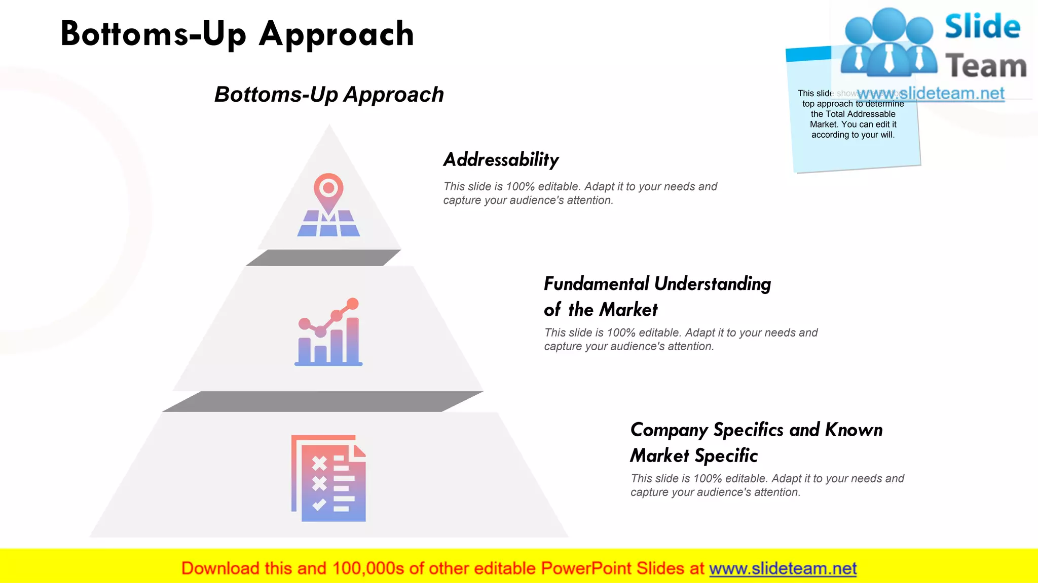 Bottoms-Up Approach
This slide is 100% editable. Adapt it to your needs and
capture your audience's attention.
Addressability
This slide is 100% editable. Adapt it to your needs and
capture your audience's attention.
Fundamental Understanding
of the Market
This slide is 100% editable. Adapt it to your needs and
capture your audience's attention.
Company Specifics and Known
Market Specific
Bottoms-Up Approach This slide shows the Bottom-
top approach to determine
the Total Addressable
Market. You can edit it
according to your will.
11
 