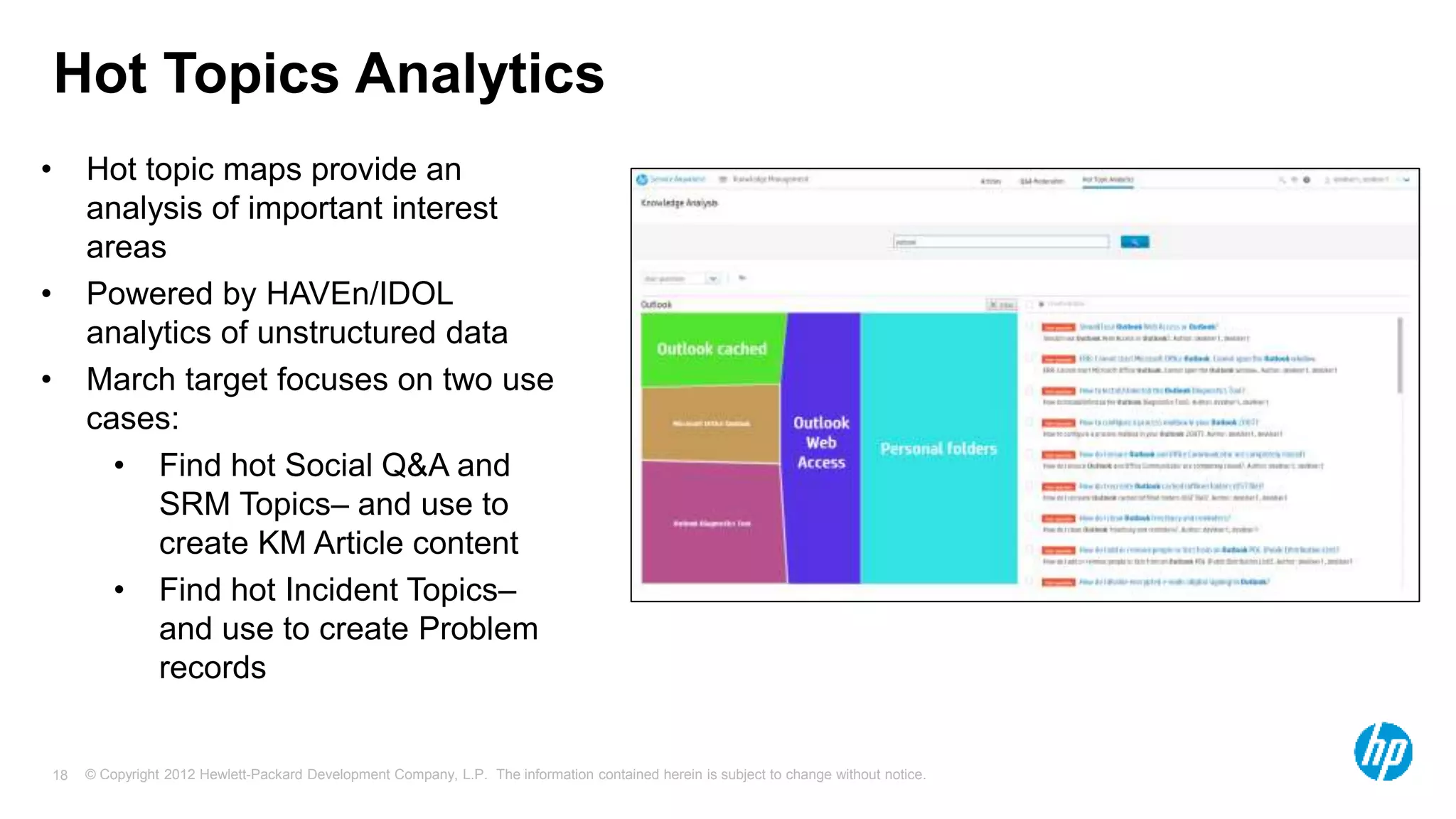 © Copyright 2012 Hewlett-Packard Development Company, L.P. The information contained herein is subject to change without notice.18
Hot Topics Analytics
• Hot topic maps provide an
analysis of important interest
areas
• Powered by HAVEn/IDOL
analytics of unstructured data
• March target focuses on two use
cases:
• Find hot Social Q&A and
SRM Topics– and use to
create KM Article content
• Find hot Incident Topics–
and use to create Problem
records
 