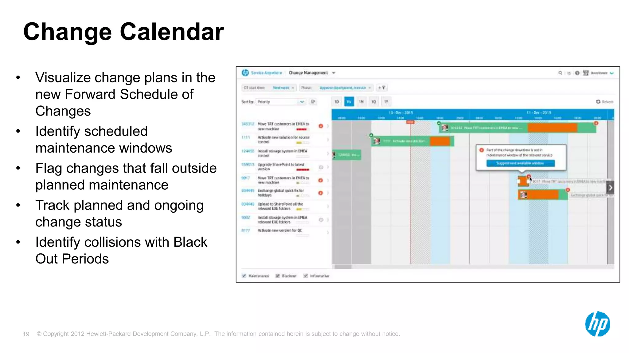 © Copyright 2012 Hewlett-Packard Development Company, L.P. The information contained herein is subject to change without notice.19
Change Calendar
• Visualize change plans in the
new Forward Schedule of
Changes
• Identify scheduled
maintenance windows
• Flag changes that fall outside
planned maintenance
• Track planned and ongoing
change status
• Identify collisions with Black
Out Periods
 