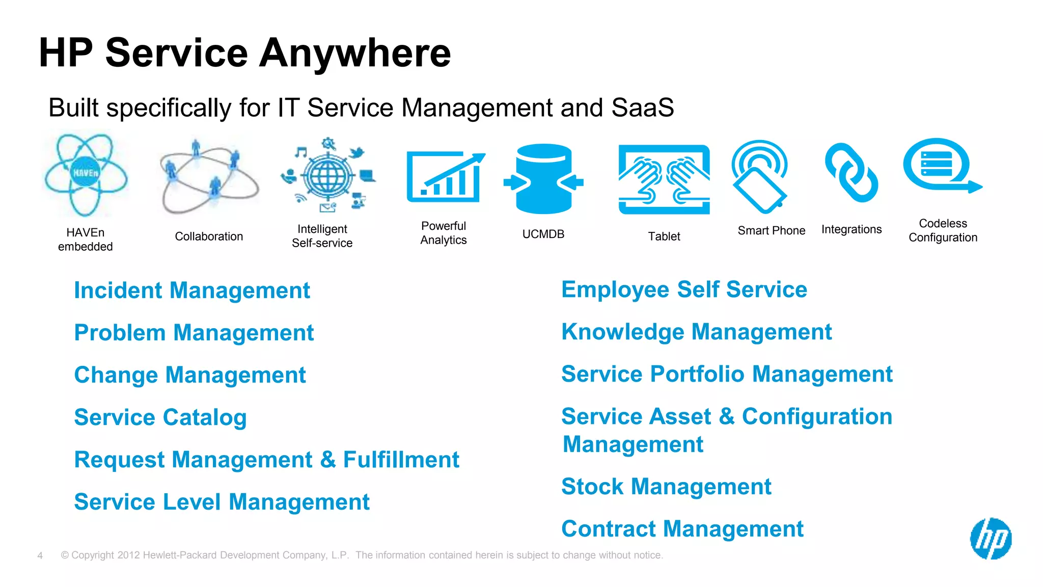 © Copyright 2012 Hewlett-Packard Development Company, L.P. The information contained herein is subject to change without notice.4
HP Service Anywhere
Incident Management
Problem Management
Change Management
Service Catalog
Request Management & Fulfillment
Service Level Management
Employee Self Service
Knowledge Management
Service Portfolio Management
Service Asset & Configuration
Management
Stock Management
Contract Management
service management in the cloud
Collaboration
Intelligent
Self-service
Powerful
Analytics UCMDB Tablet
Smart Phone Integrations
Codeless
ConfigurationHAVEn
embedded
Built specifically for IT Service Management and SaaS
 