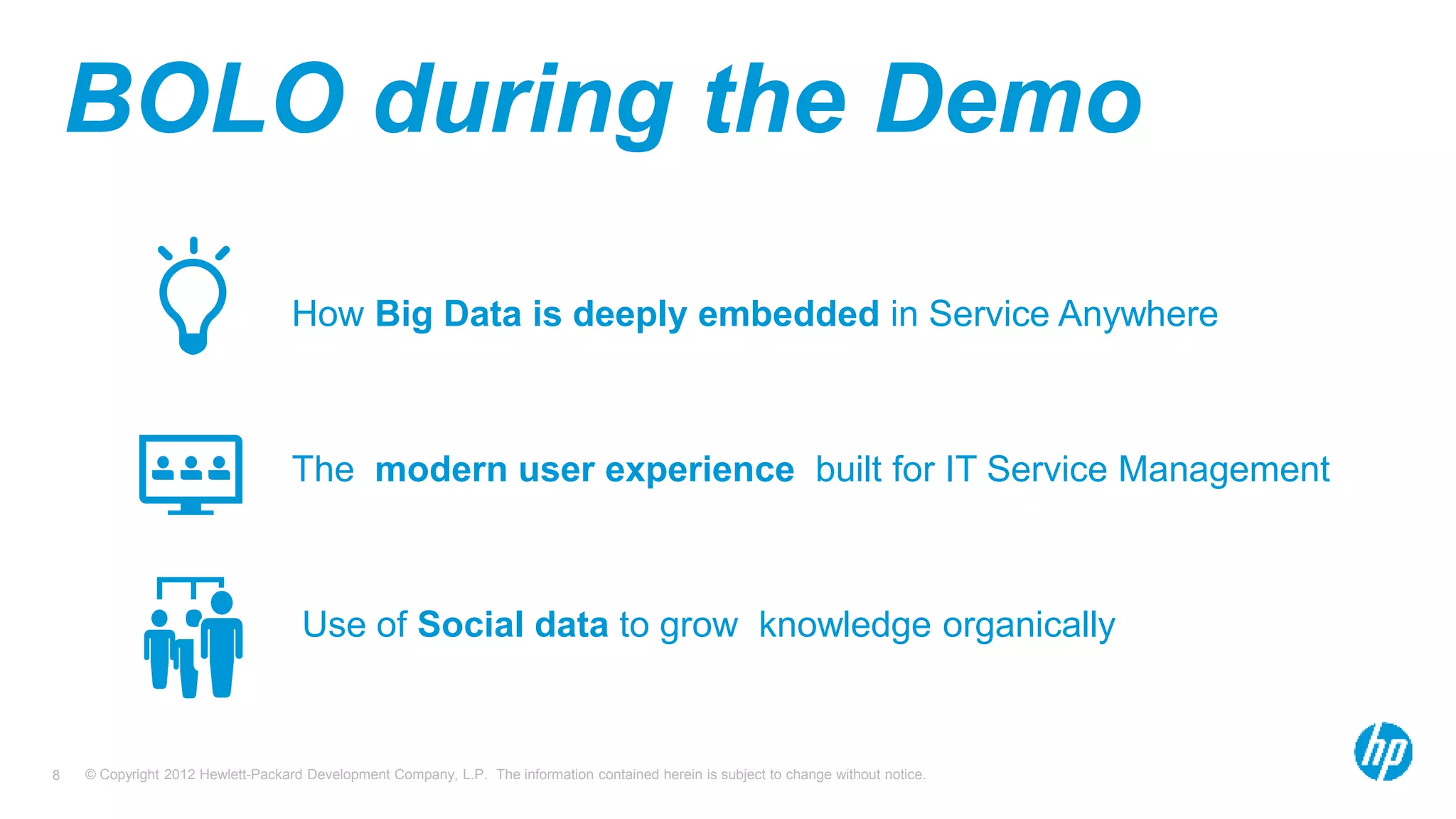 © Copyright 2012 Hewlett-Packard Development Company, L.P. The information contained herein is subject to change without notice.8
BOLO during the Demo
How Big Data is deeply embedded in Service Anywhere
The modern user experience built for IT Service Management
Use of Social data to grow knowledge organically
 