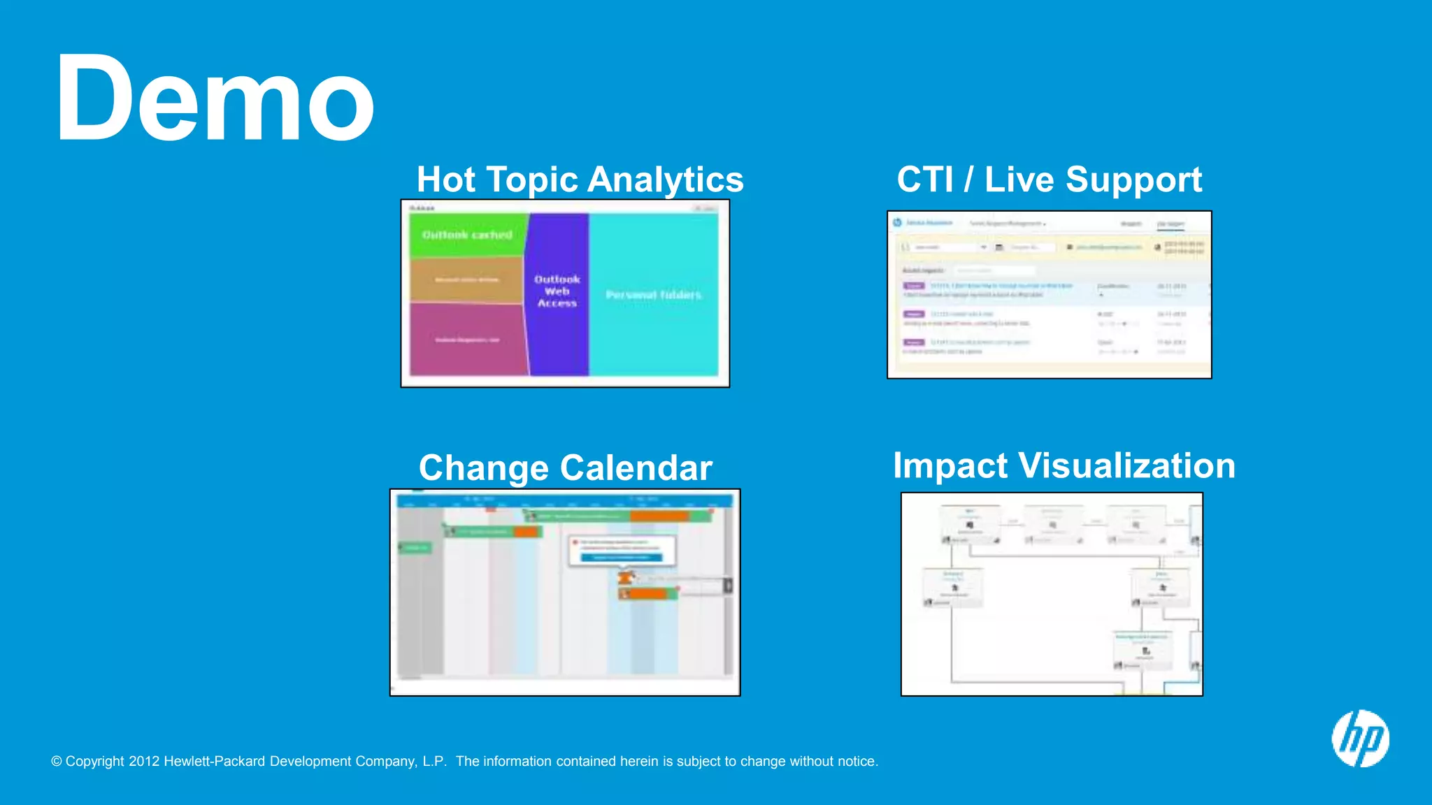 © Copyright 2012 Hewlett-Packard Development Company, L.P. The information contained herein is subject to change without notice.
Demo
Impact VisualizationChange Calendar
Hot Topic Analytics CTI / Live Support
 