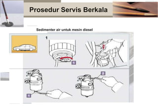Pro
Sedimenter air/tipe saringan bahan bakar:
Sumbat penguras
2
Sumbat breather
Tipe sedimenter
air independen:
Sumbat penguras
Prosedur Servis Berkala
Sedimenter air untuk mesin diesel
 