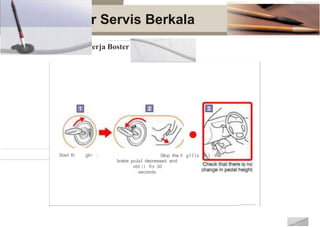 Prosedu
Pemeriksaan K
r Servis Berkala
erja Boster
•
Start th gin . Slop the f! g111e w l the
brake pedaJ depressed and
otd 11 fOf 30
seconds.
 
