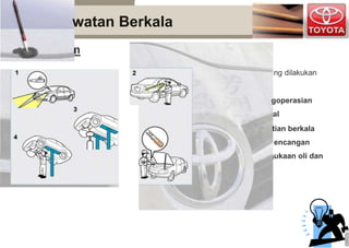 Pemeriksaan utama ya
teknisi sebagai berikut:
1. Pemeriksaan pen
2. Pemeriksaan visu
3. Part-part penggan
5
4. Pemeriksaan peng
5. Pemeriksaan perm
fluida
Pera
Uraia
watan Berkala
n
ng dilakukan
goperasian
al
tian berkala
encangan
ukaan oli dan
 