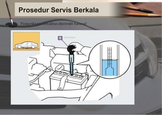 Prosedur Servis Berkala
Pemeriksaan kwalitas electrolit baterai
Hidrometer
 