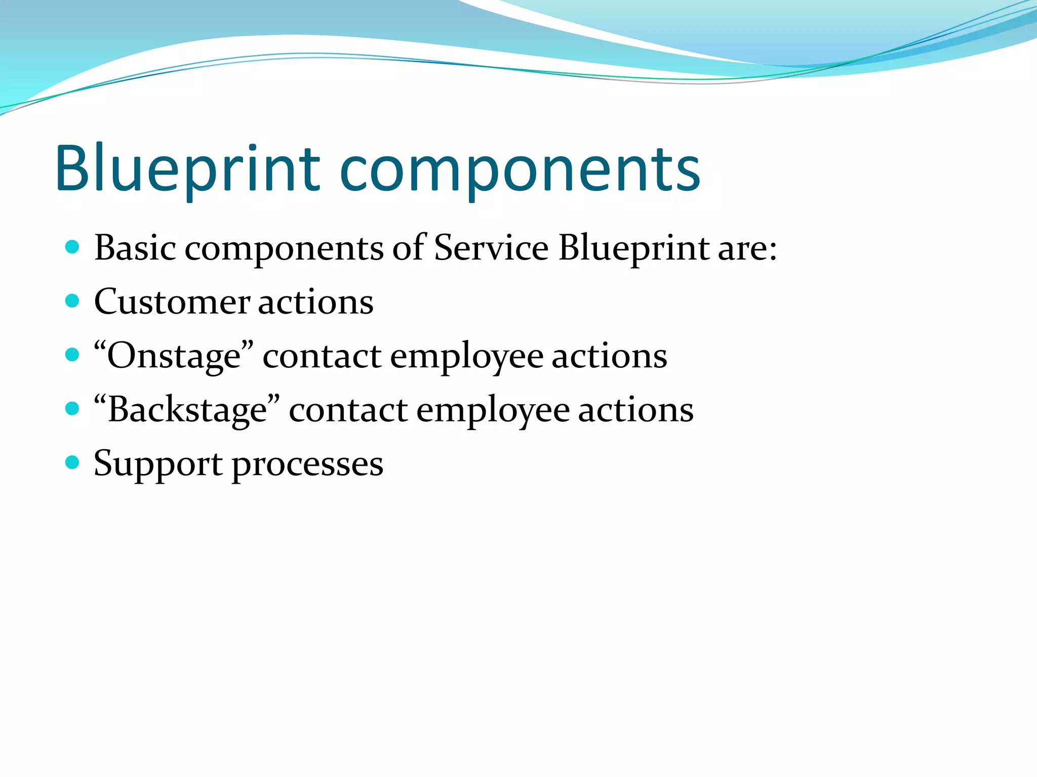 Blueprint componentsBasic components of Service Blueprint are:Customer actions“Onstage” contact employee actions“Backstage” contact employee actionsSupport processes