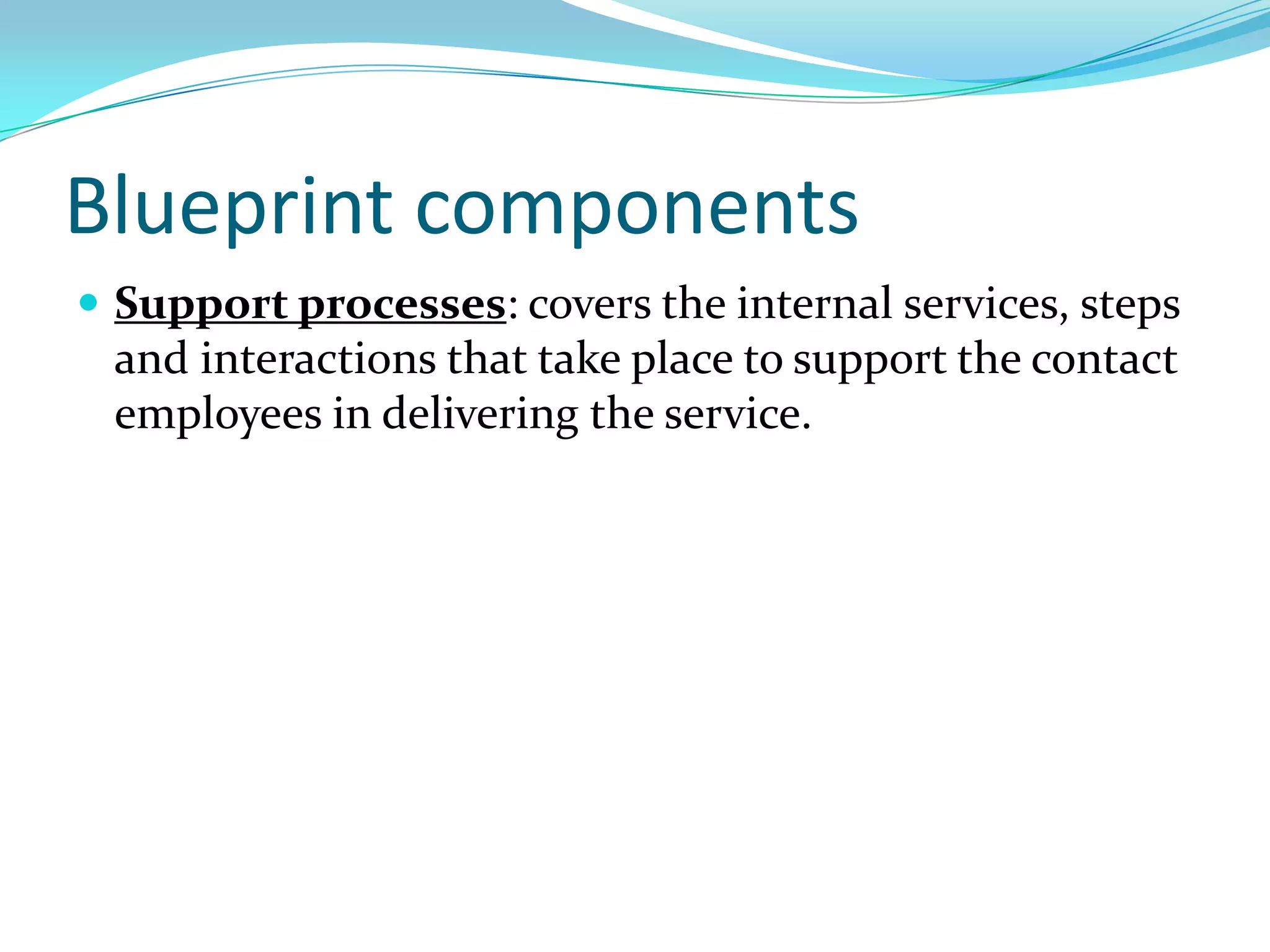 Blueprint componentsSupport processes: covers the internal services, steps and interactions that take place to support the contact employees in delivering the service.