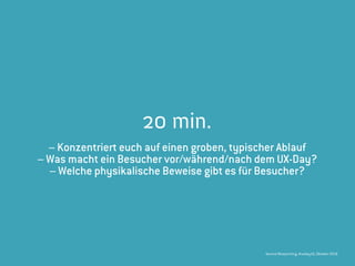 Service Blueprinting, #uxday16, Oktober 2016
20 min.
– Konzentriert euch auf einen groben, typischer Ablauf
– Was macht ein Besucher vor/während/nach dem UX-Day?
– Welche physikalische Beweise gibt es für Besucher?
 
