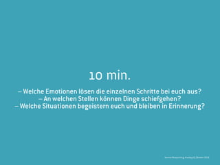 Service Blueprinting, #uxday16, Oktober 2016
10 min.
– Welche Emotionen lösen die einzelnen Schritte bei euch aus?
– An welchen Stellen können Dinge schiefgehen?
– Welche Situationen begeistern euch und bleiben in Erinnerung?
 